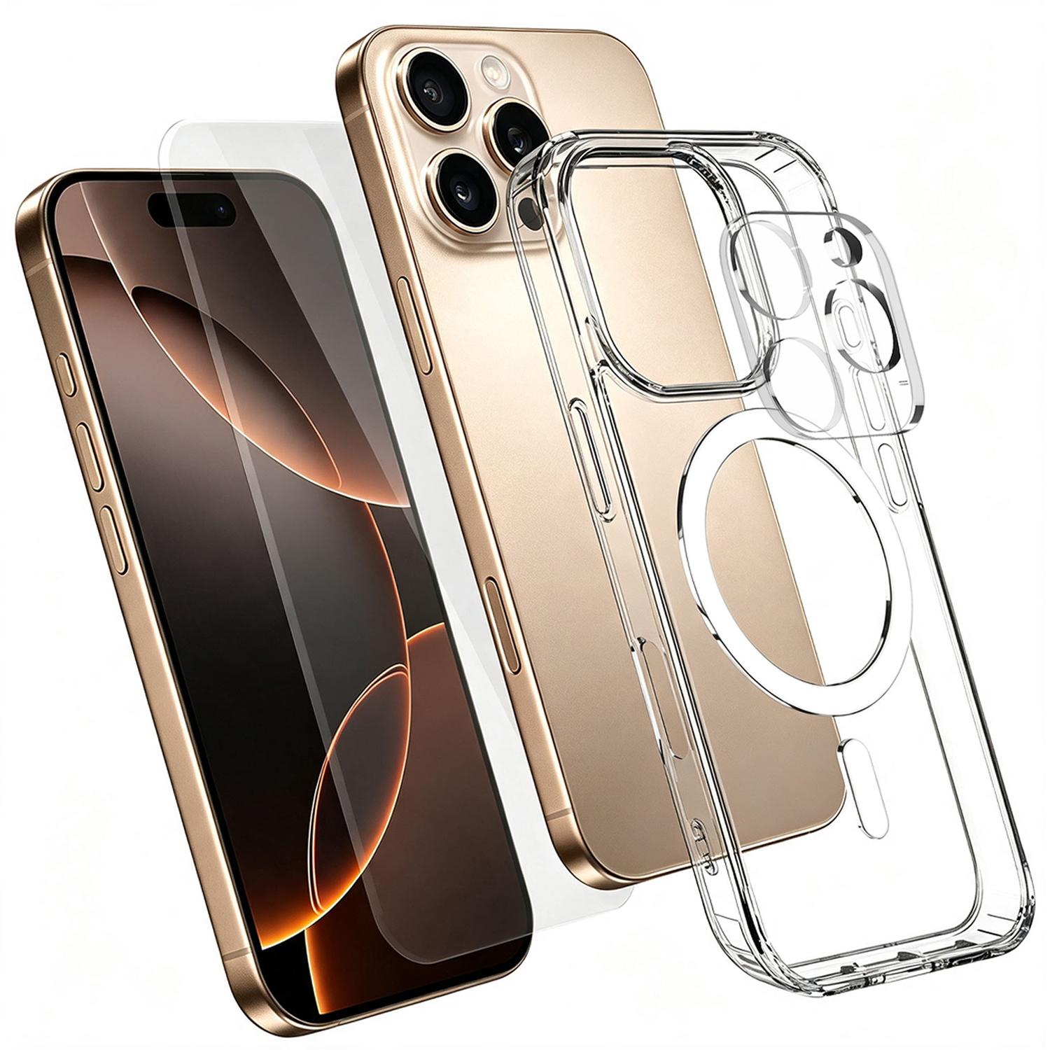 3 in 1 Set TPU + PC Clear Magnetic Phone Case with High Alumina Tempered Film + Lens Protector For iPhone 16 Pro - Shopkiz.com