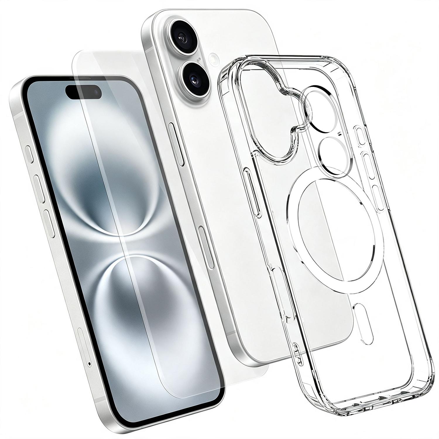3 in 1 Set TPU + PC Clear Magnetic Phone Case with High Alumina Tempered Film + Lens Protector For iPhone 16 - Shopkiz.com