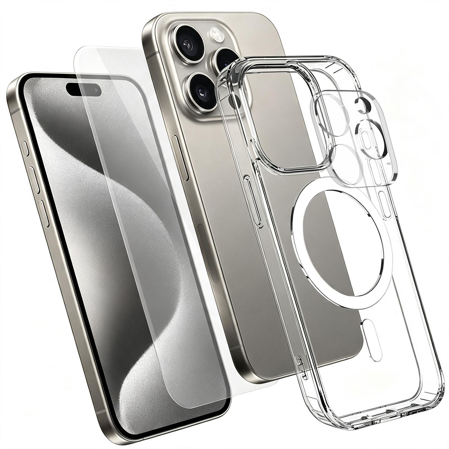 3 in 1 Set TPU + PC Clear Magnetic Phone Case with High Alumina Tempered Film + Lens Protector For iPhone 15 Pro Max - Shopkiz.com