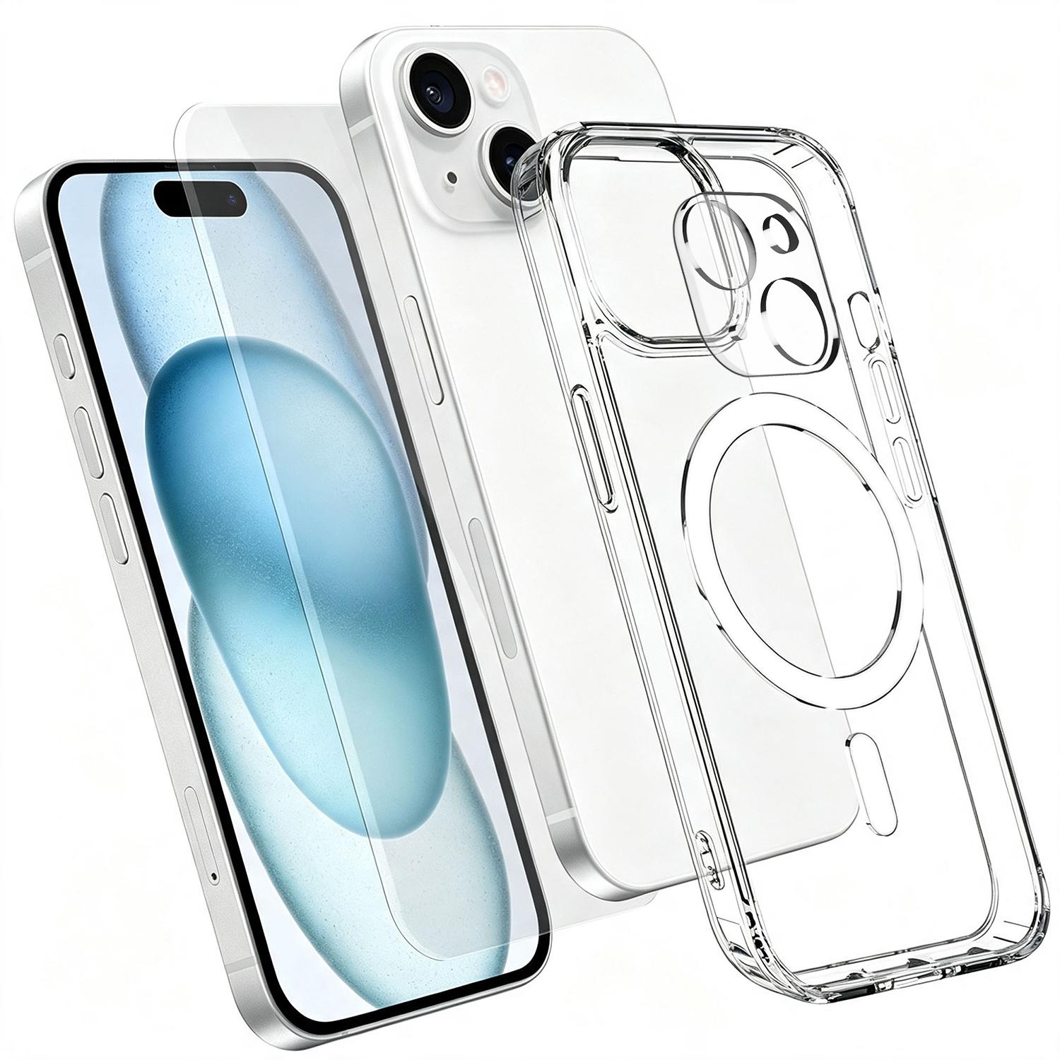 3 in 1 Set TPU + PC Clear Magnetic Phone Case with High Alumina Tempered Film + Lens Protector For iPhone 15 Plus - Shopkiz.com