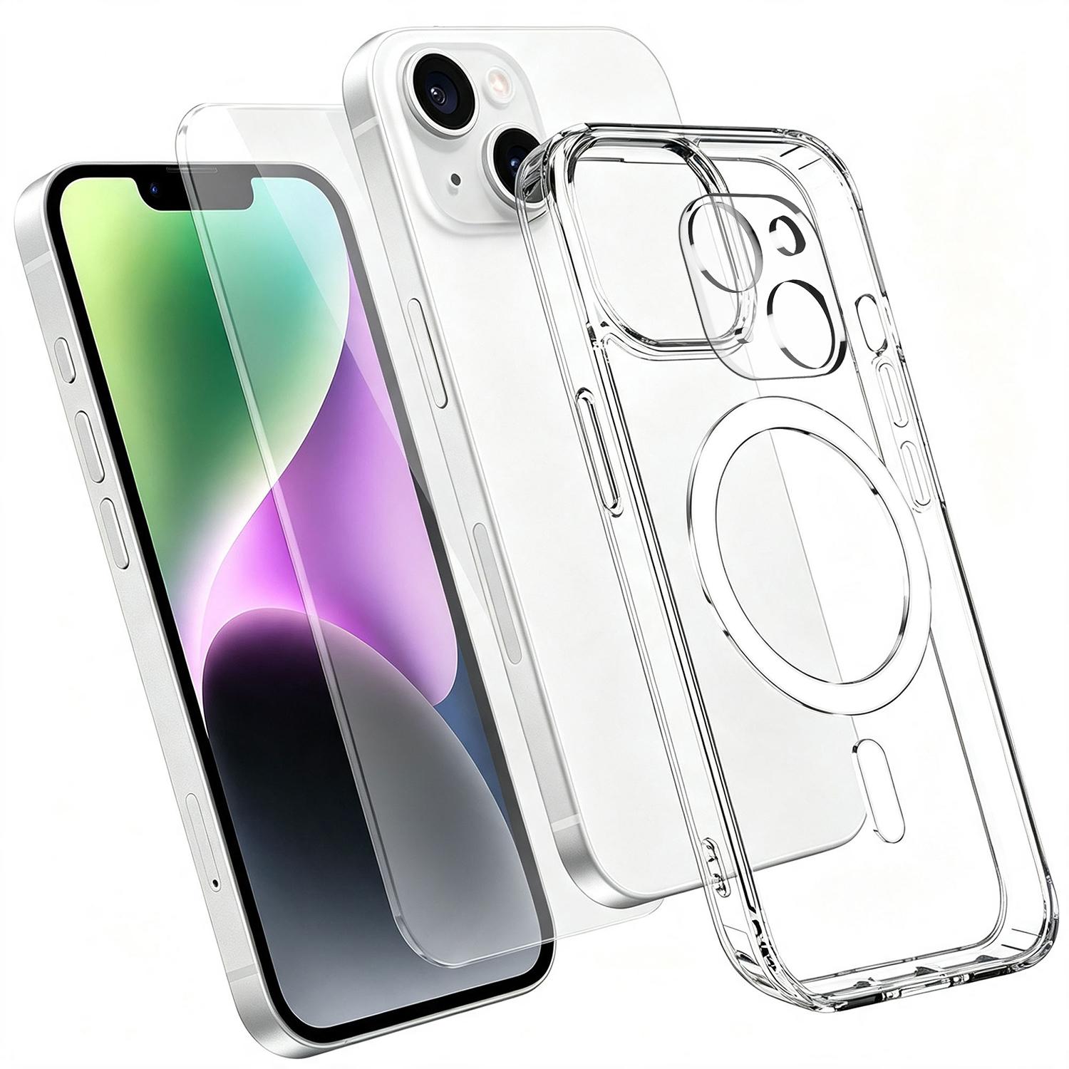 3 in 1 Set TPU + PC Clear Magnetic Phone Case with High Alumina Tempered Film + Lens Protector For iPhone 14 Plus - Shopkiz.com