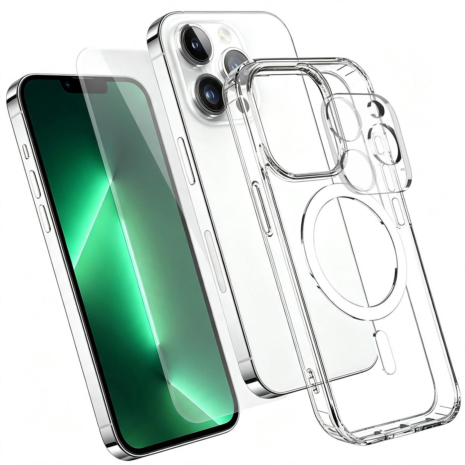 3 in 1 Set TPU + PC Clear Magnetic Phone Case with High Alumina Tempered Film + Lens Protector For iPhone 13 Pro Max - Shopkiz.com