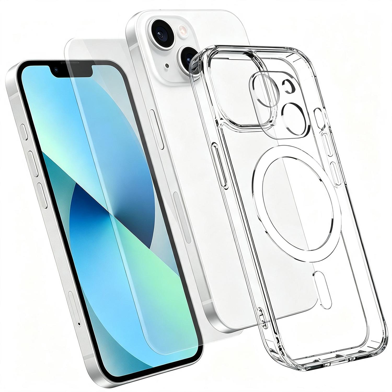 3 in 1 Set TPU + PC Clear Magnetic Phone Case with High Alumina Tempered Film + Lens Protector For iPhone 13 - Shopkiz.com