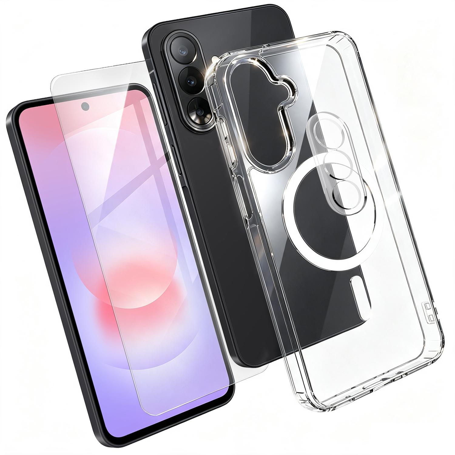 For Galaxy A27 5G 3 in 1 Set TPU + PC Clear Magnetic Phone Case with High Alumina Tempered Film + Lens Protector - Shopkiz.com