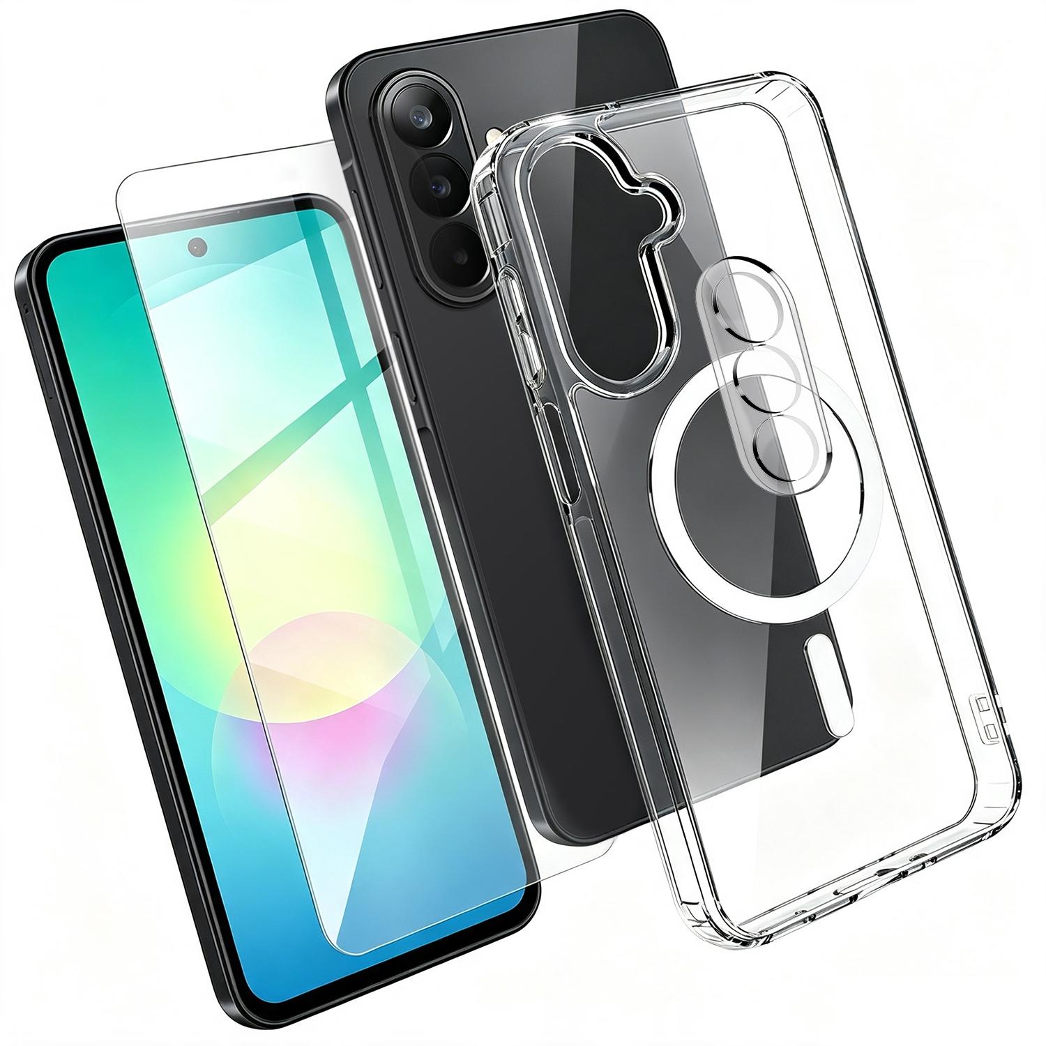 For Galaxy S25 FE 5G 3 in 1 Set TPU + PC Clear Magnetic Phone Case with High Alumina Tempered Film + Lens Protector - Shopkiz.com