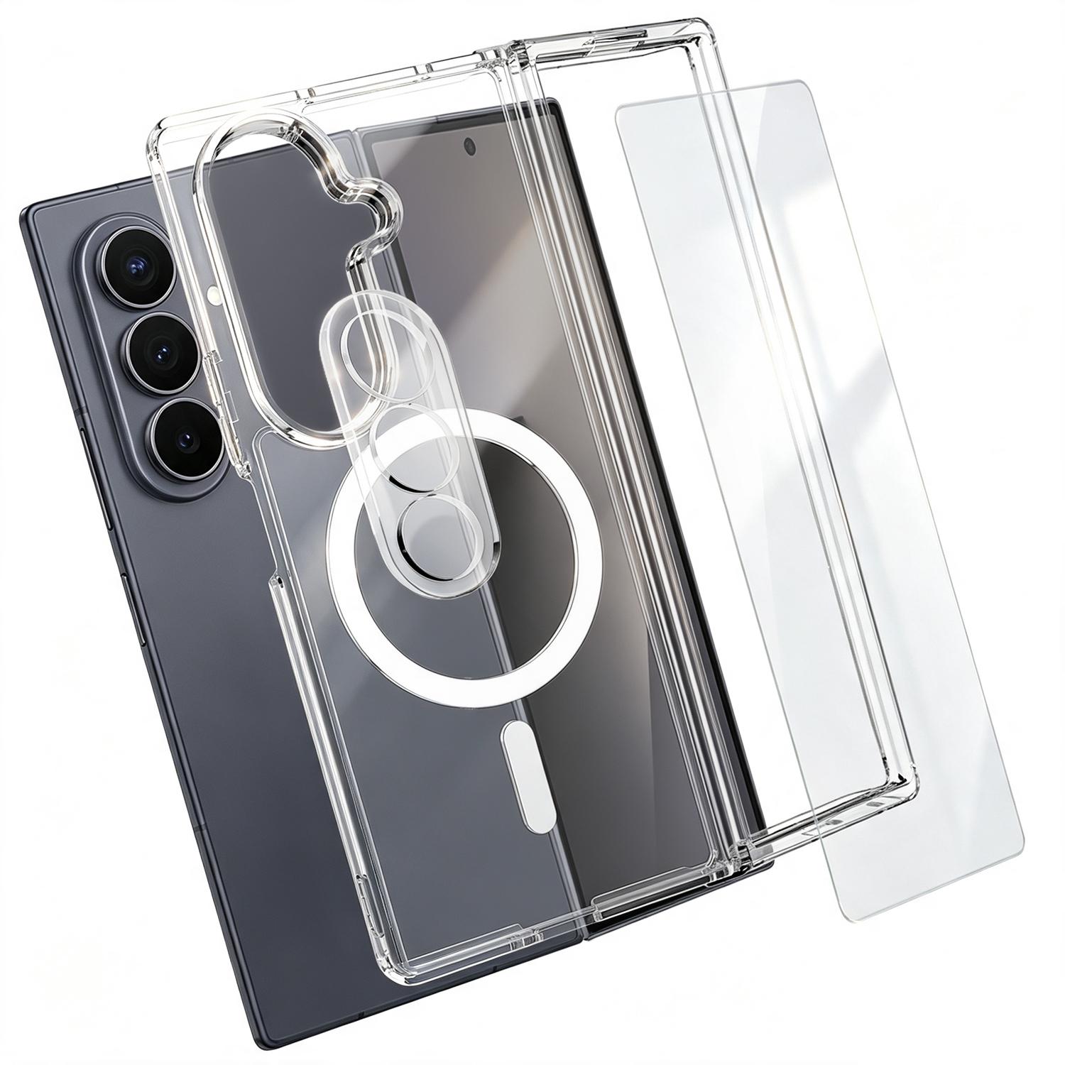 For Galaxy Z Flip7 5G 3 in 1 Set TPU + PC Clear Magnetic Phone Case with High Alumina Tempered Film + Lens Protector - Shopkiz.com