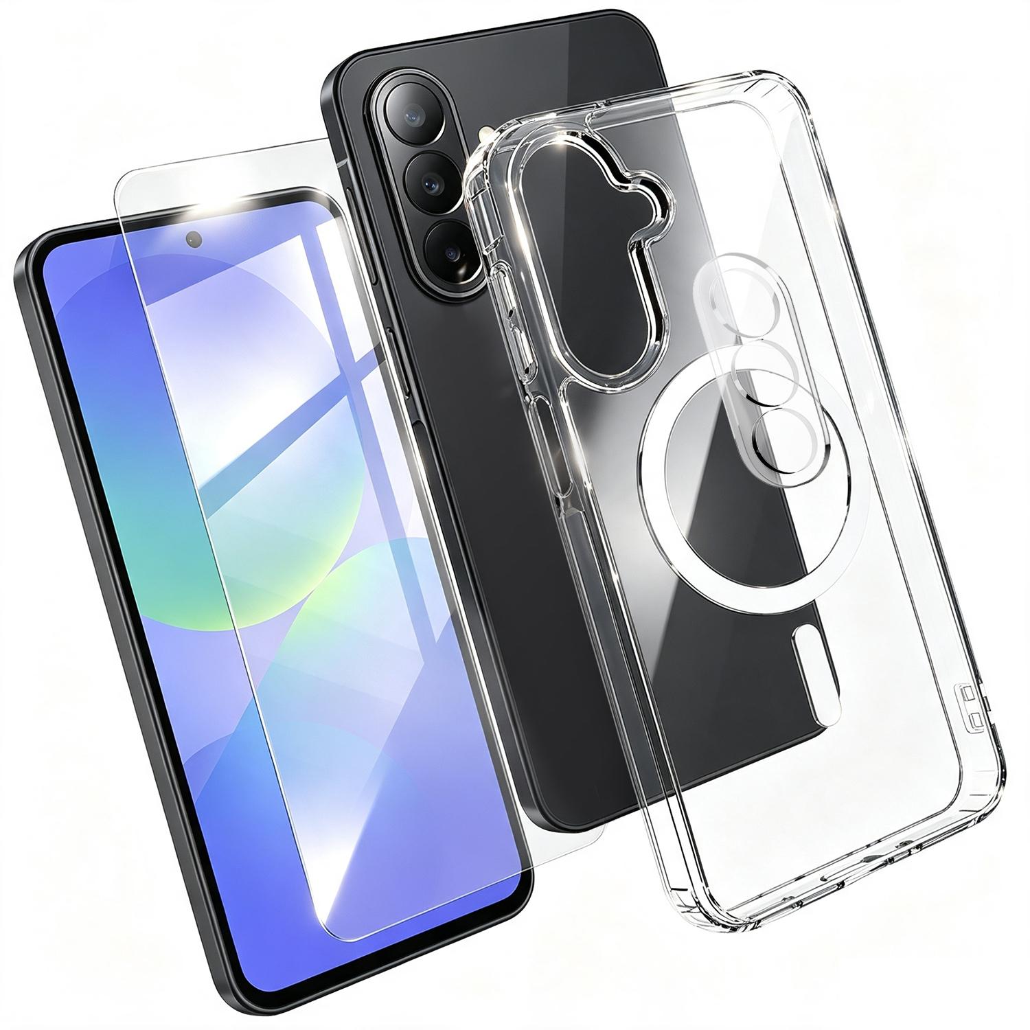 For Galaxy S25 5G 3 in 1 Set TPU + PC Clear Magnetic Phone Case with High Alumina Tempered Film + Lens Protector - Shopkiz.com
