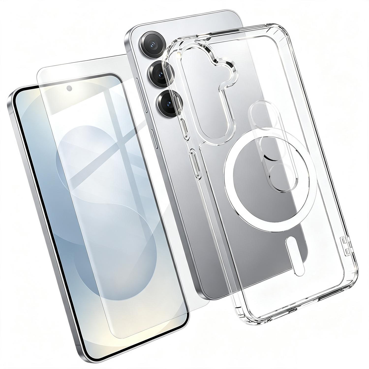 For Galaxy S25+ 5G 3 in 1 Set TPU + PC Clear Magnetic Phone Case with High Alumina Tempered Film + Lens Protector - Shopkiz.com