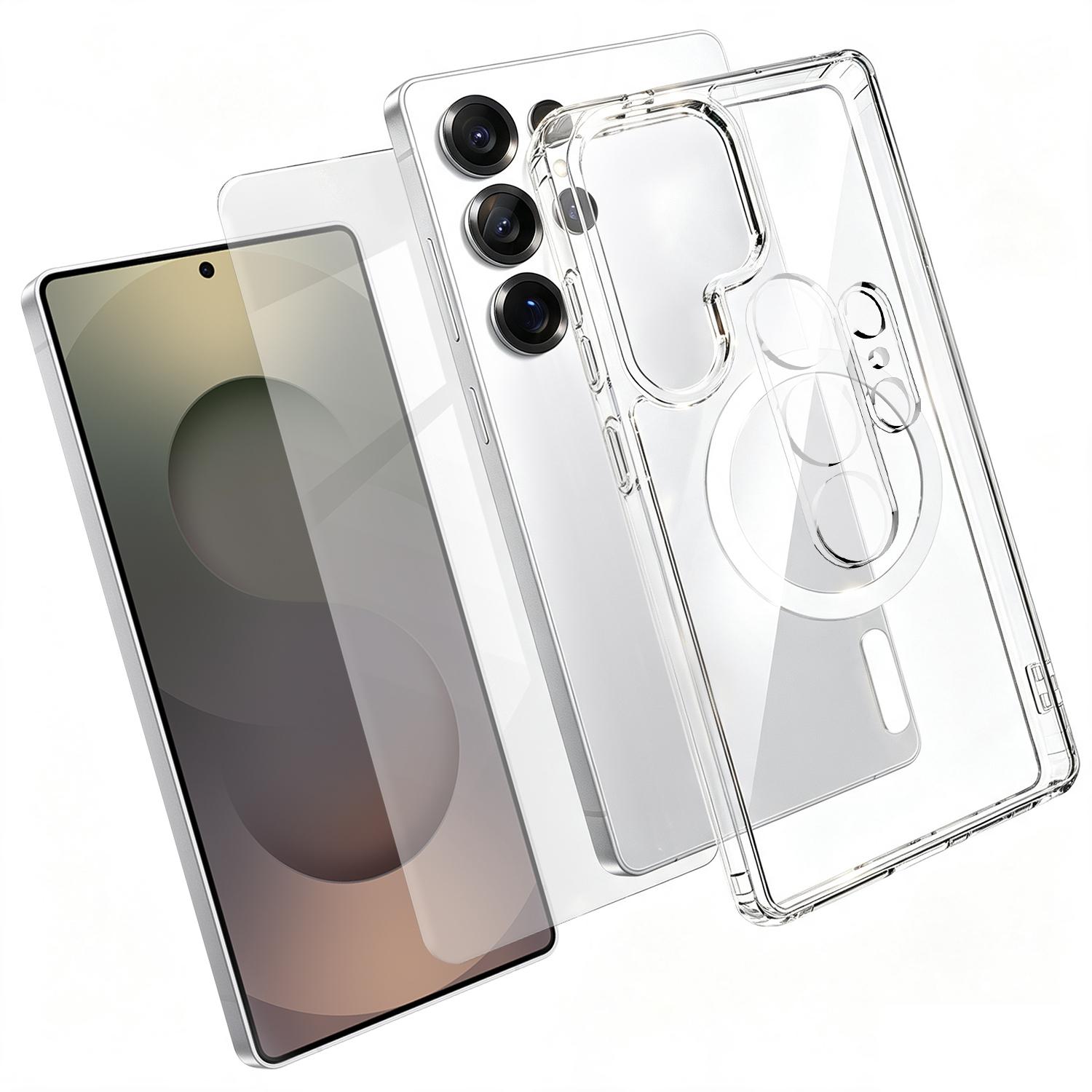 For Galaxy S24 FE 5G 3 in 1 Set TPU + PC Clear Magnetic Phone Case with High Alumina Tempered Film + Lens Protector - Shopkiz.com