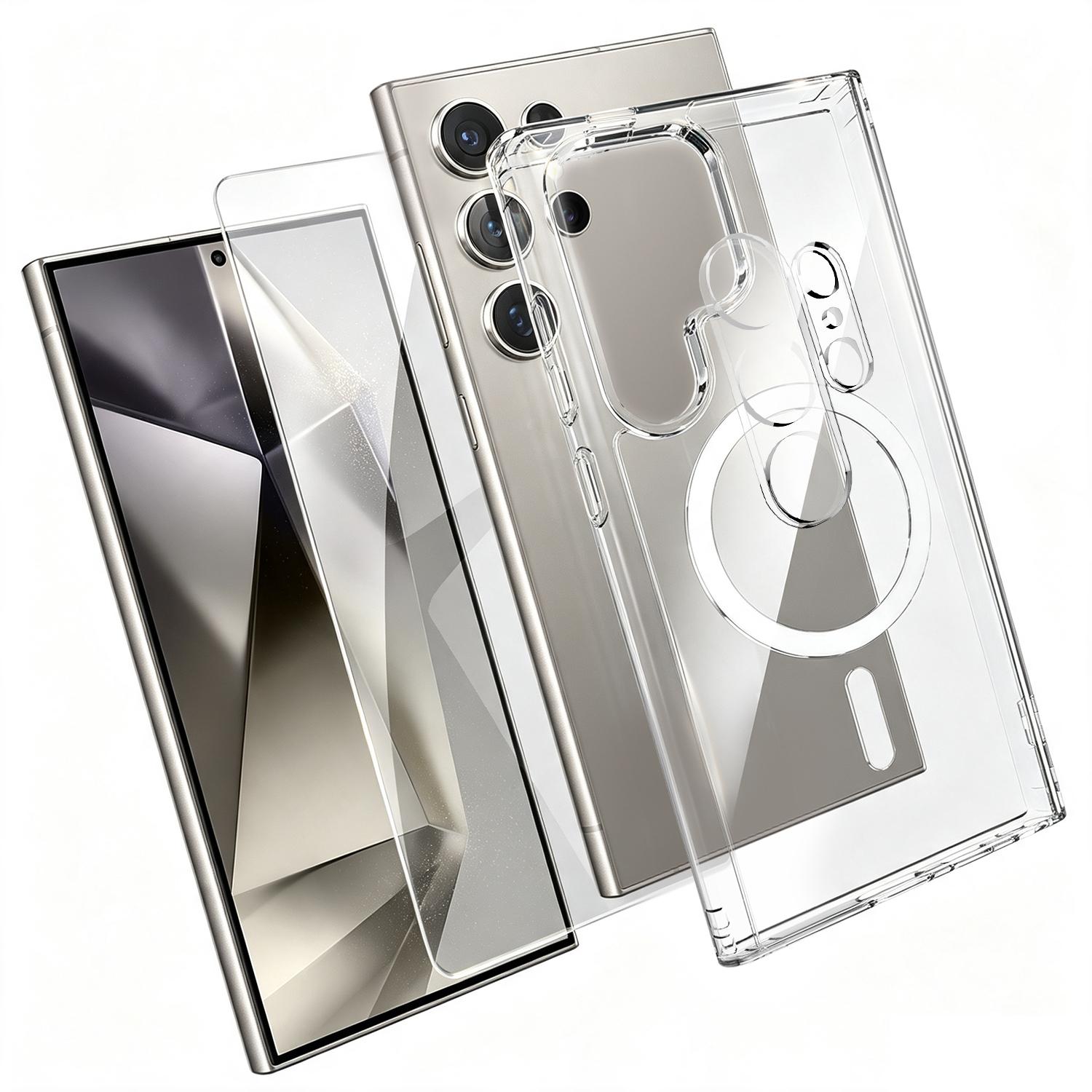 For Galaxy S24+ 5G 3 in 1 Set TPU + PC Clear Magnetic Phone Case with High Alumina Tempered Film + Lens Protector - Shopkiz.com