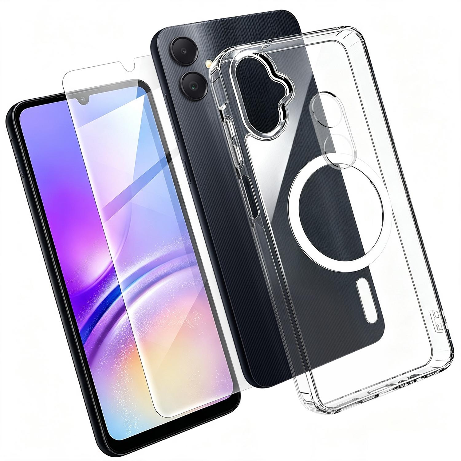 For Galaxy A25 5G 3 in 1 Set TPU + PC Clear Magnetic Phone Case with High Alumina Tempered Film + Lens Protector - Shopkiz.com