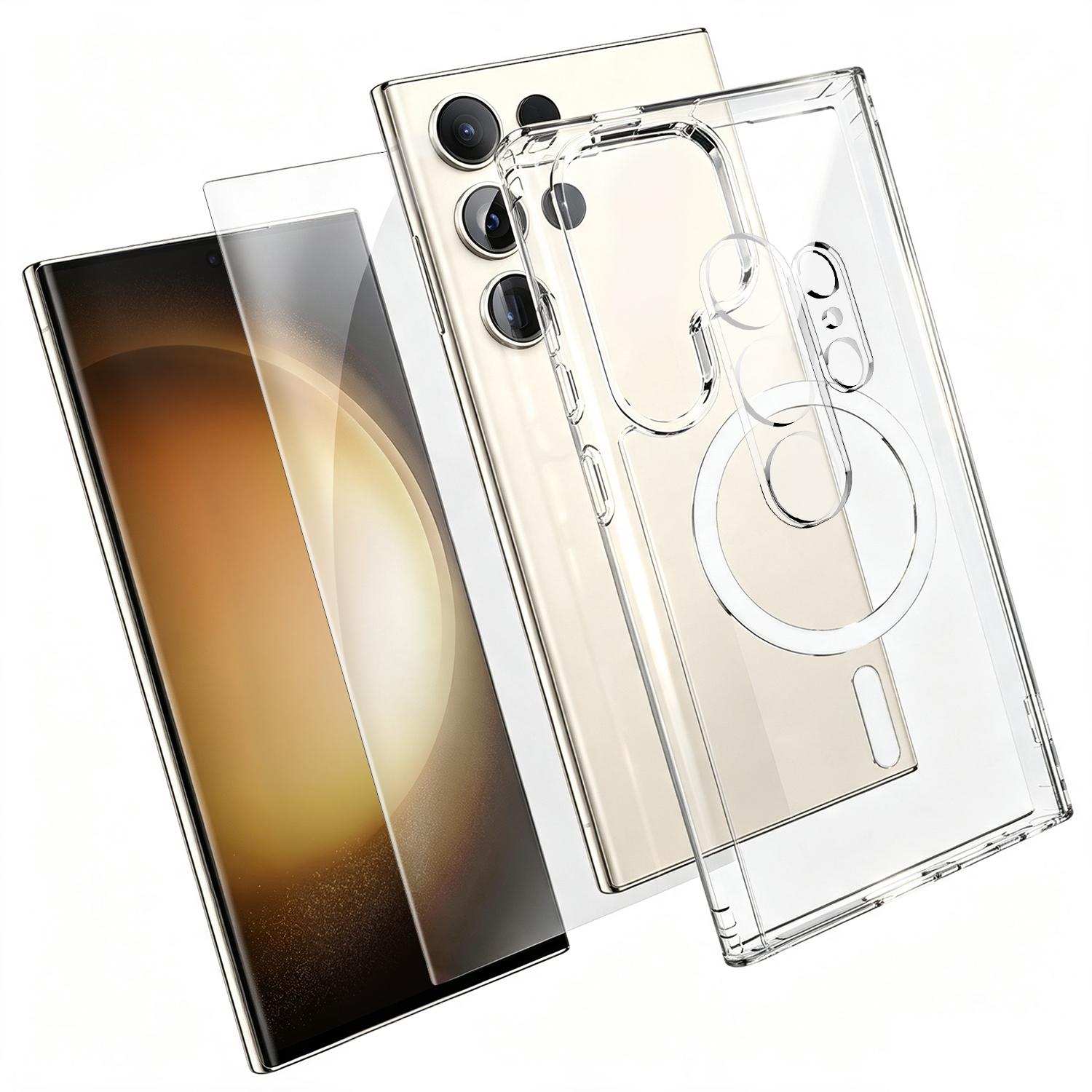 For Galaxy S23+ 5G 3 in 1 Set TPU + PC Clear Magnetic Phone Case with High Alumina Tempered Film + Lens Protector - Shopkiz.com
