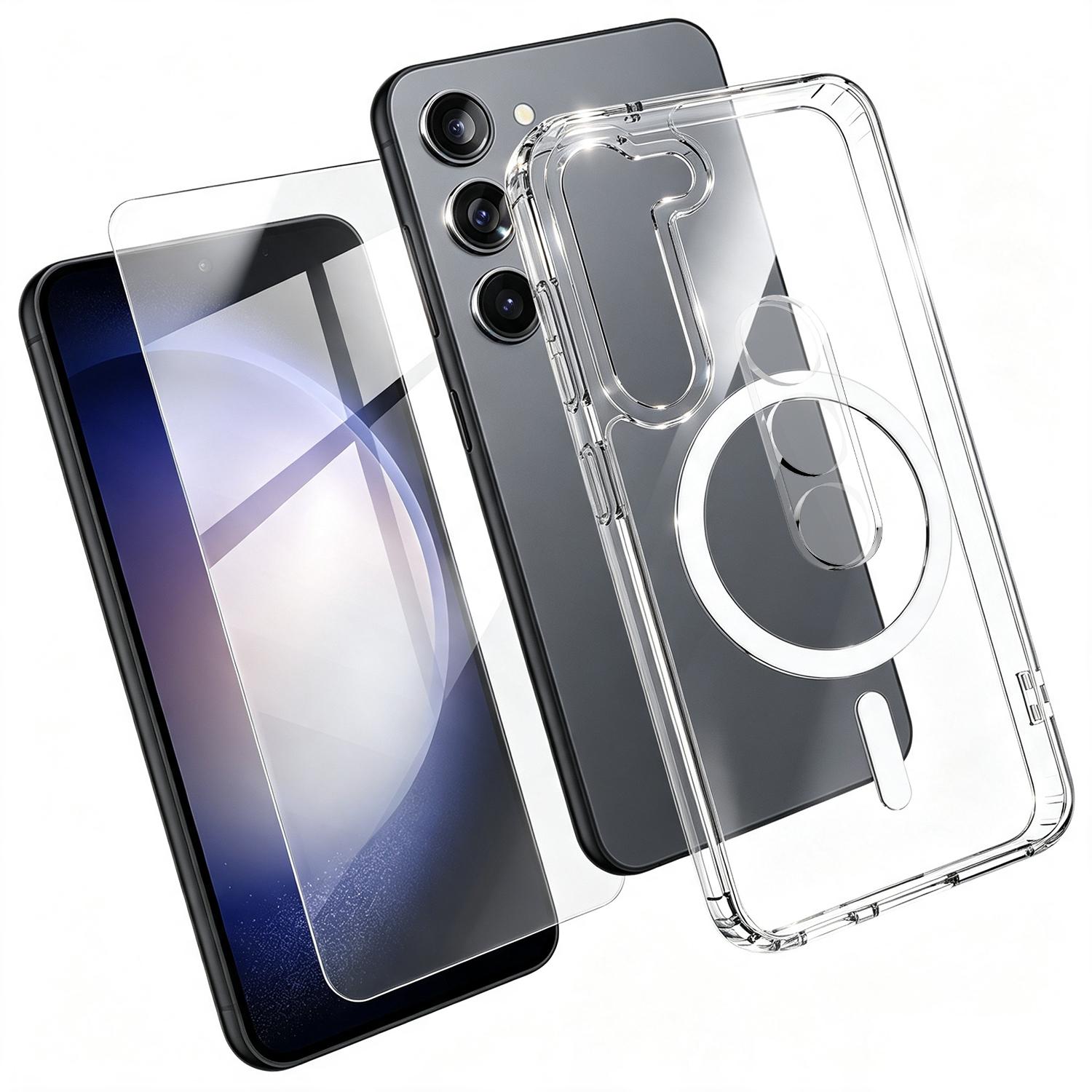 For Galaxy S23 5G 3 in 1 Set TPU + PC Clear Magnetic Phone Case with High Alumina Tempered Film + Lens Protector - Shopkiz.com