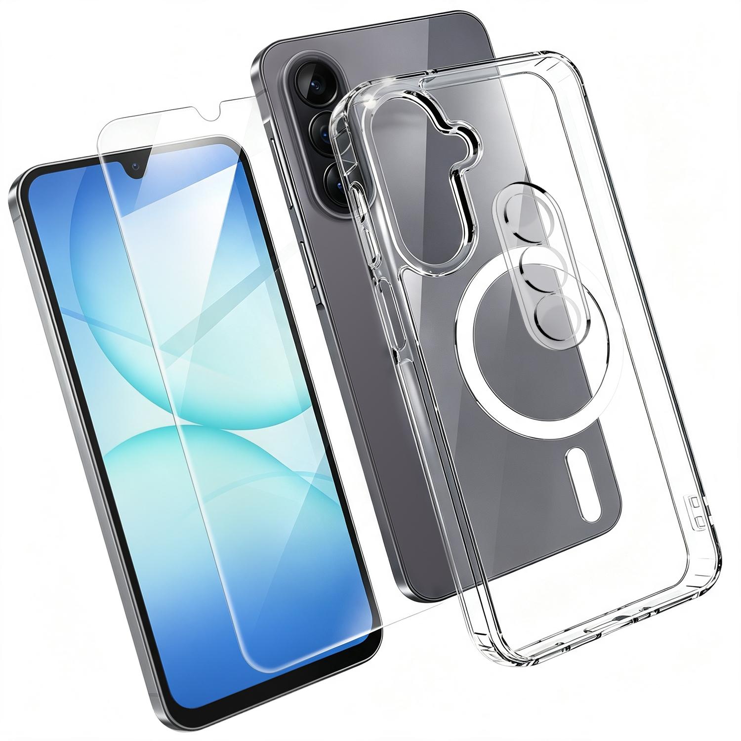 For Galaxy A07 4G / 5G 3 in 1 Set TPU + PC Clear Magnetic Phone Case with High Alumina Tempered Film + Lens Protector - Shopkiz.com