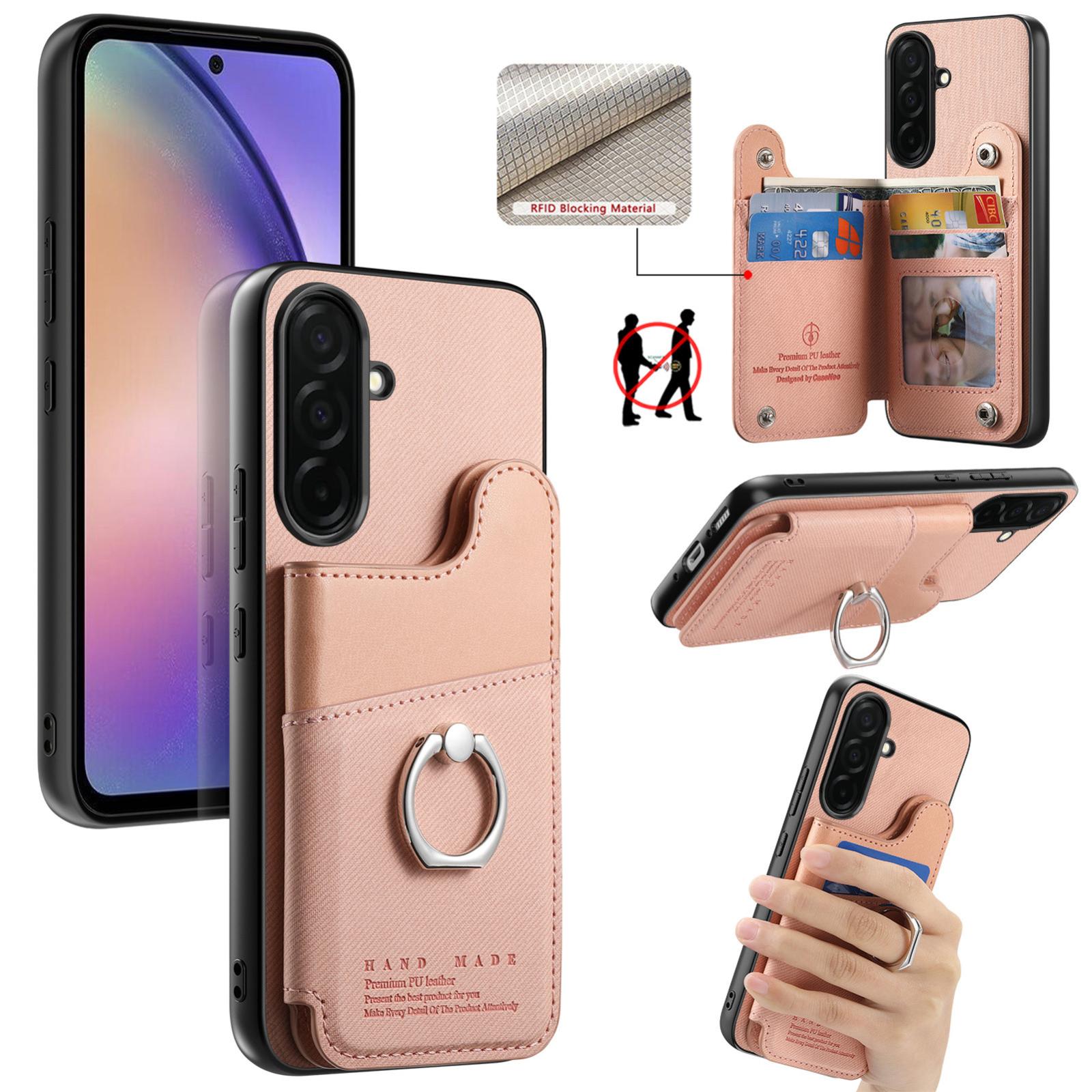 For Galaxy S26+ 5G Twill Fabric Ring Multi-card Wallet Vegan Leather Phone Case(Pink) - Shopkiz.com