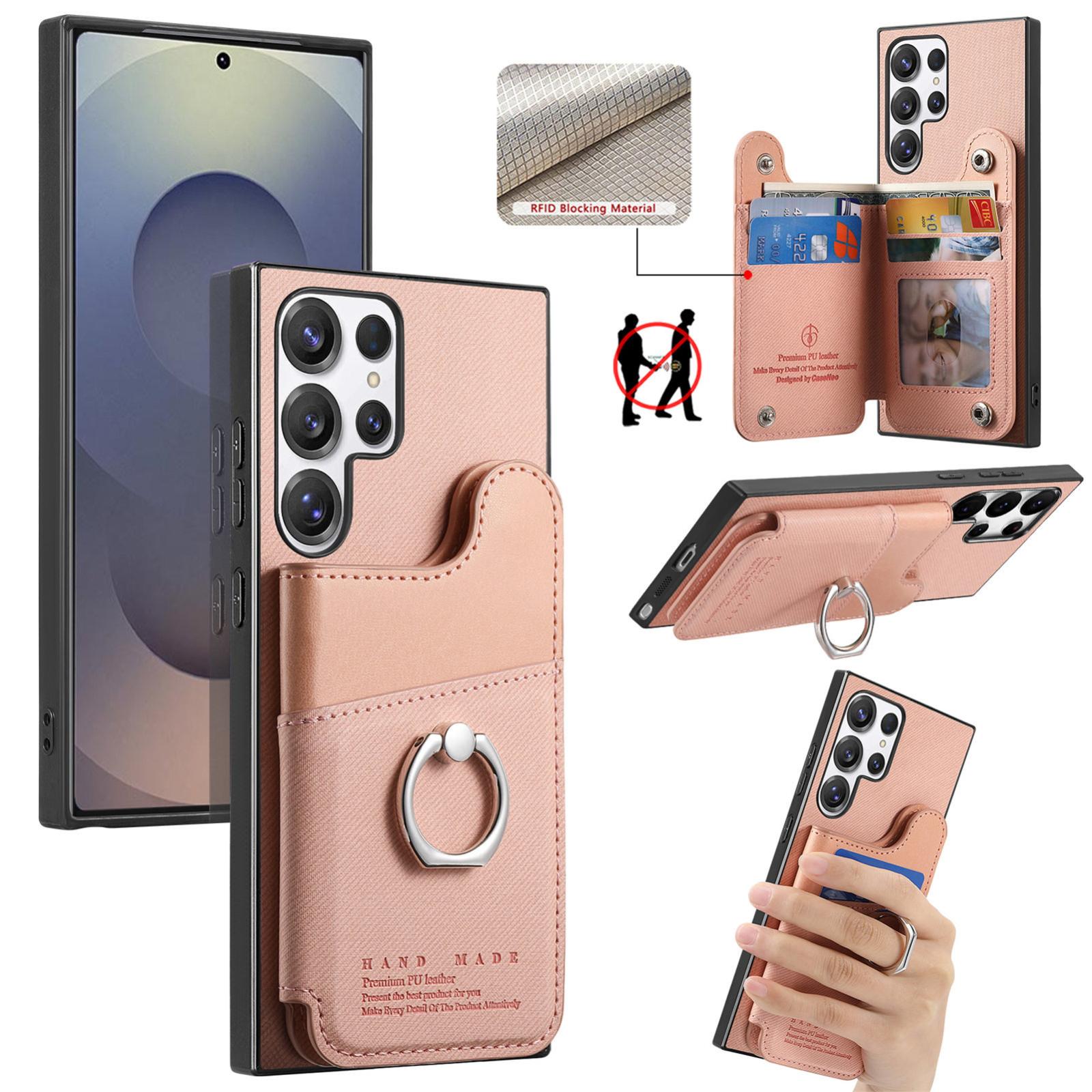 For Galaxy S26 Ultra 5G Twill Fabric Ring Multi-card Wallet Vegan Leather Phone Case(Pink) - Shopkiz.com