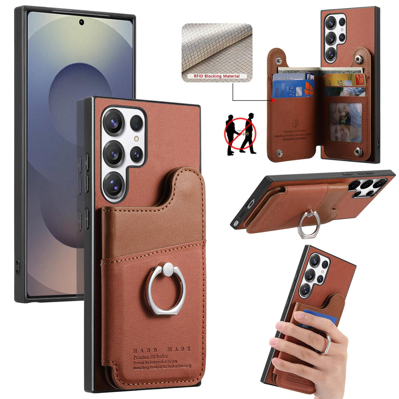 For Galaxy S26 Ultra 5G Twill Fabric Ring Multi-card Wallet Vegan Leather Phone Case(Brown) - Shopkiz.com