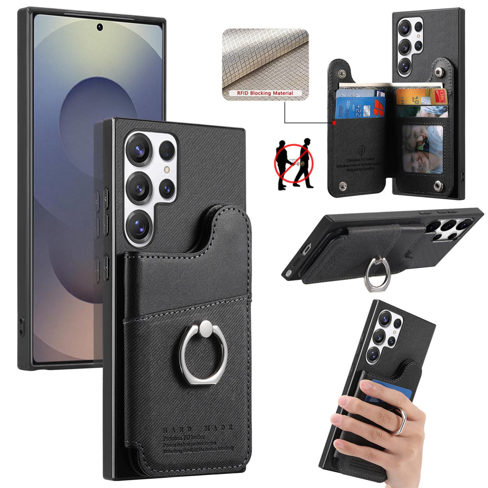 For Galaxy S26 Ultra 5G Twill Fabric Ring Multi-card Wallet Vegan Leather Phone Case(Black) - Shopkiz.com