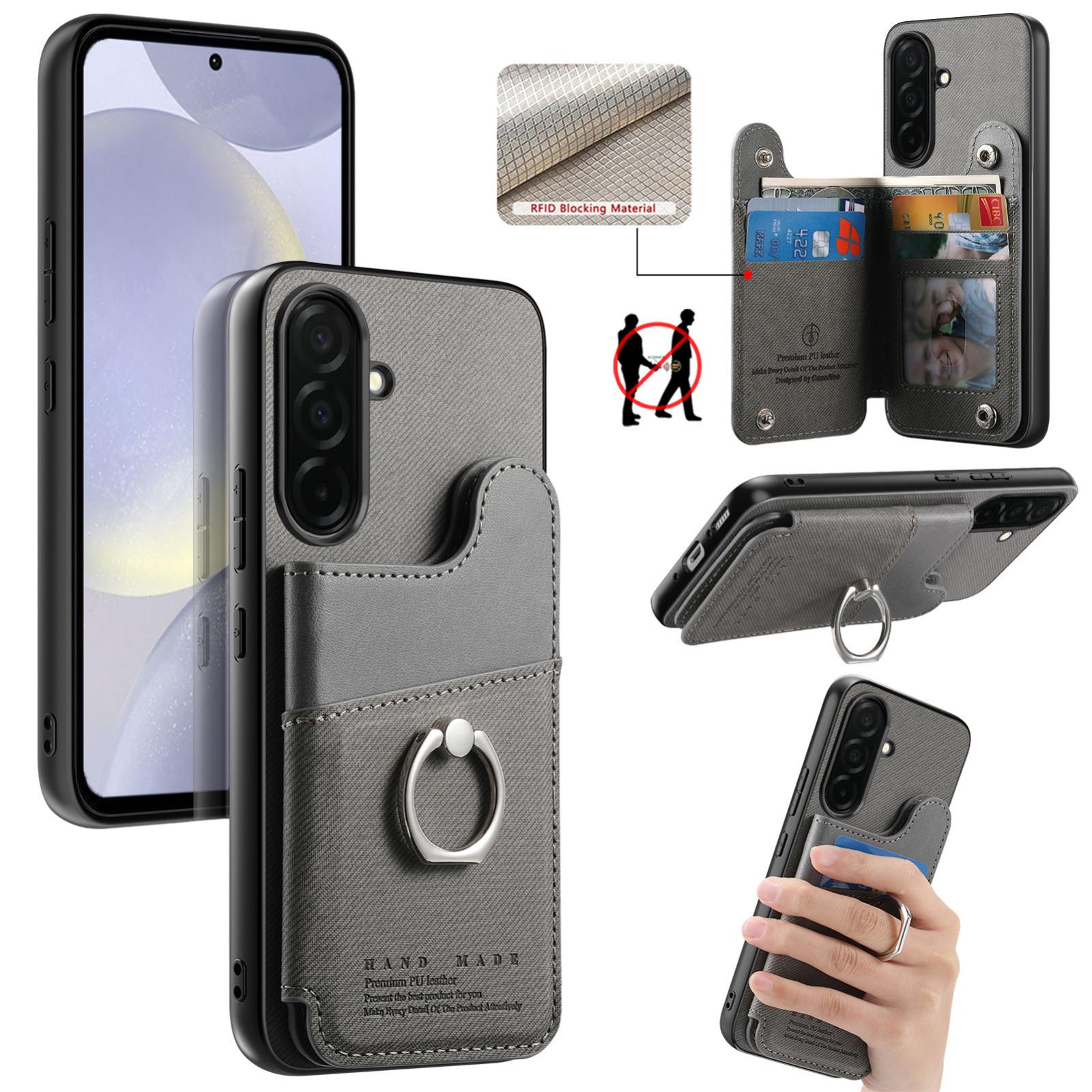 For Galaxy S26 5G Twill Fabric Ring Multi-card Wallet Vegan Leather Phone Case(Gray) - Shopkiz.com