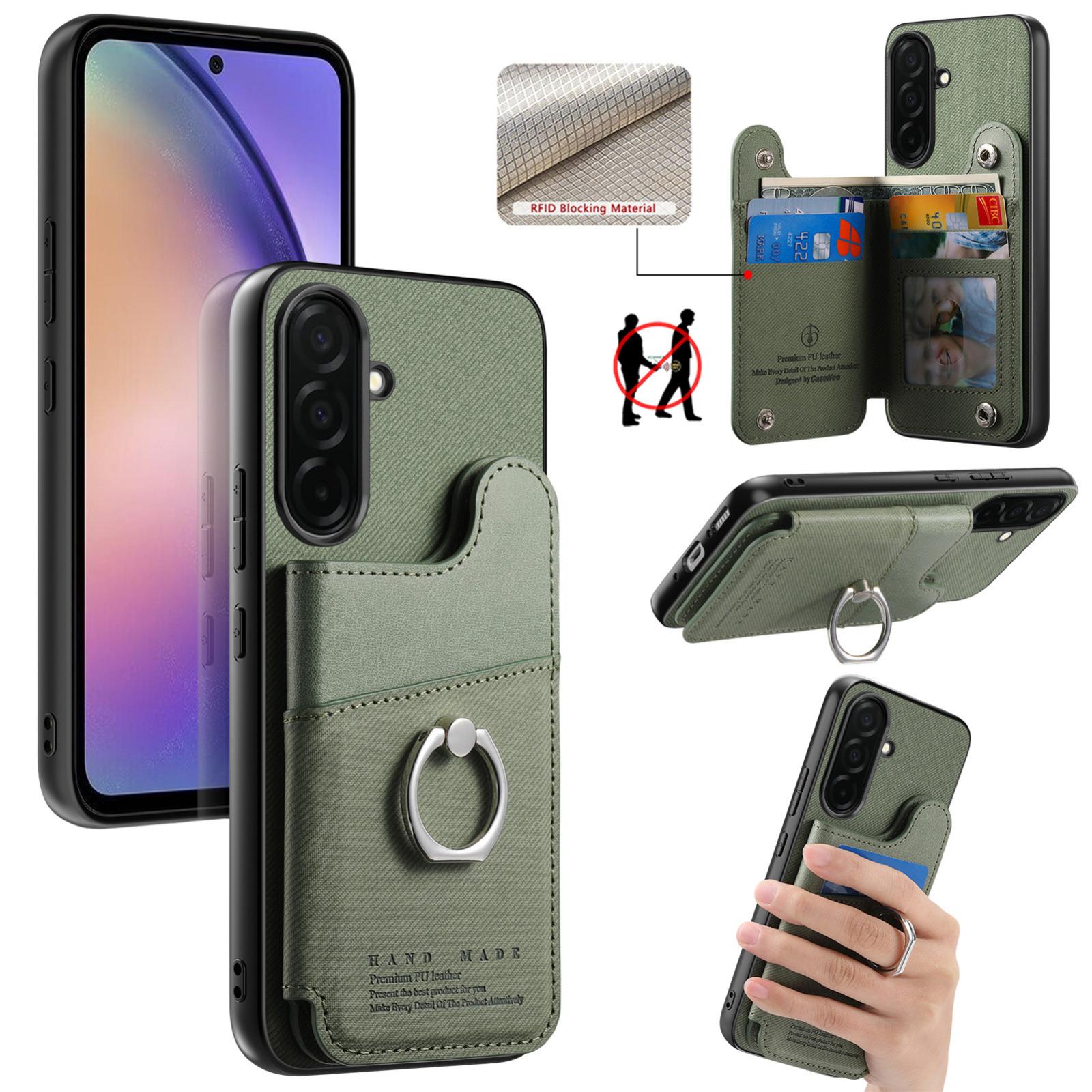 For Galaxy S26 5G Twill Fabric Ring Multi-card Wallet Vegan Leather Phone Case(Green) - Shopkiz.com