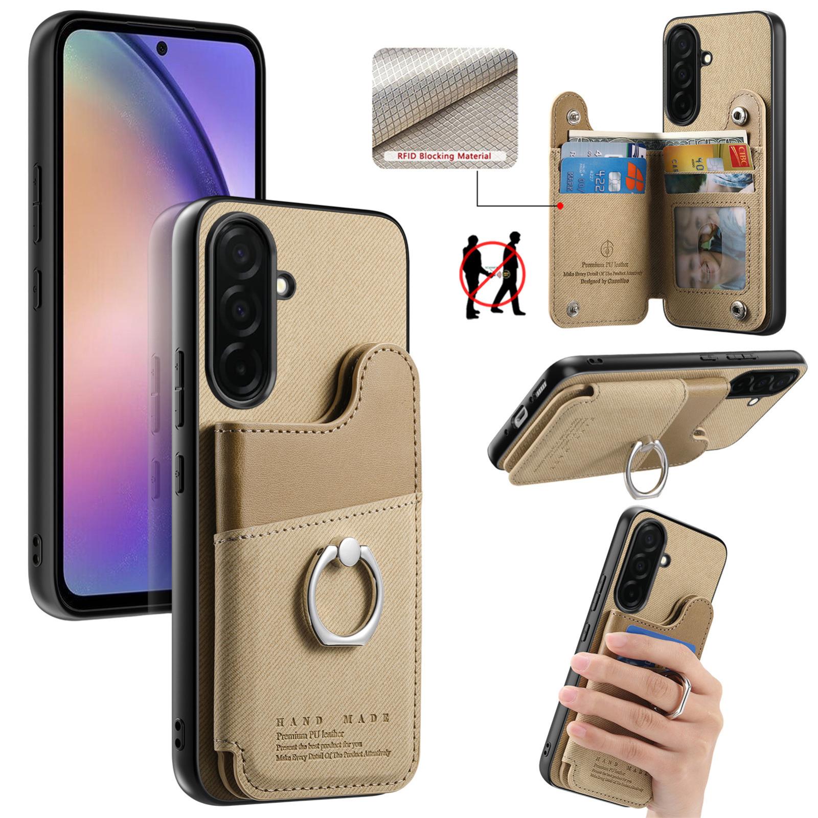 For Galaxy S26 5G Twill Fabric Ring Multi-card Wallet Vegan Leather Phone Case(Khaki) - Shopkiz.com