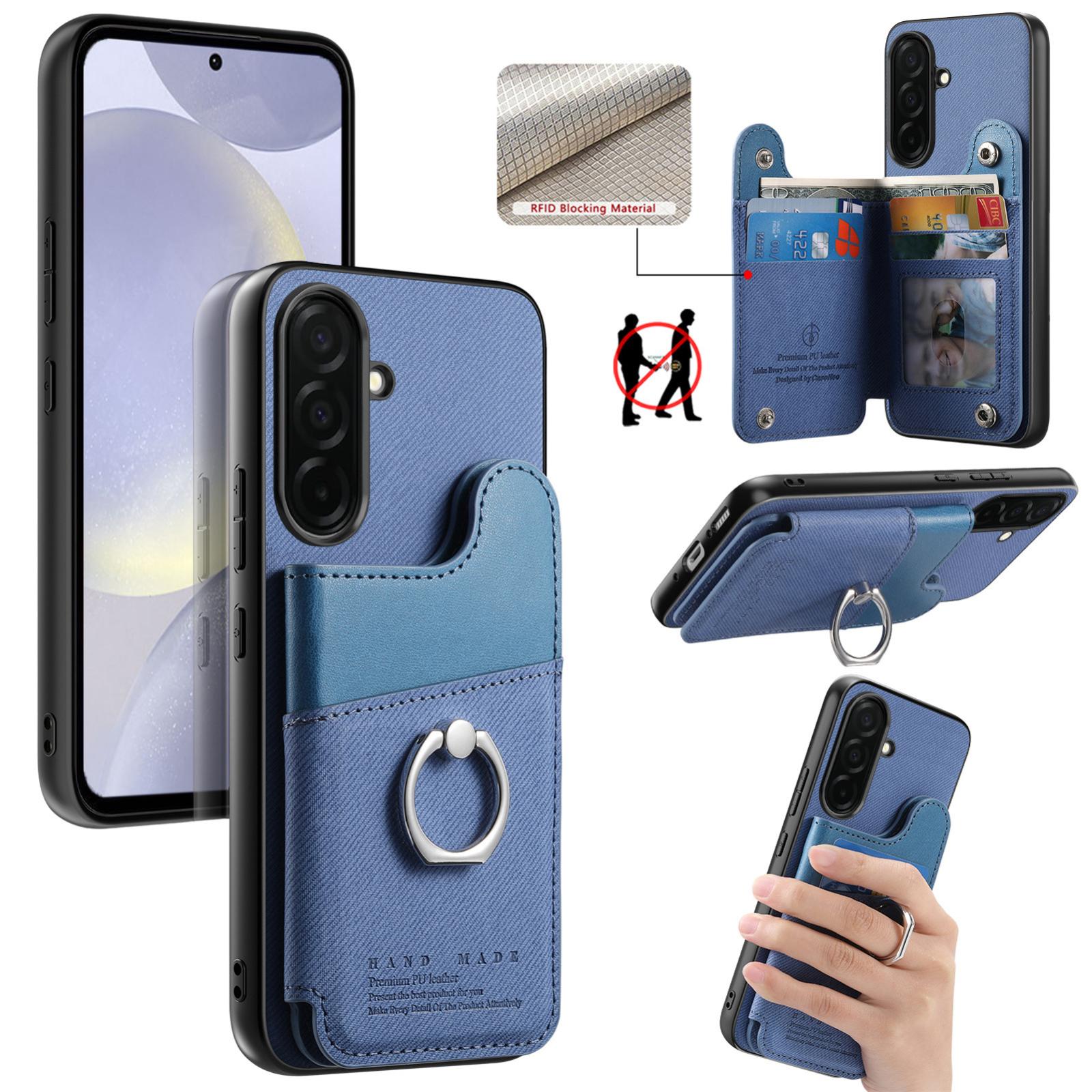 For Galaxy S26 5G Twill Fabric Ring Multi-card Wallet Vegan Leather Phone Case(Blue) - Shopkiz.com