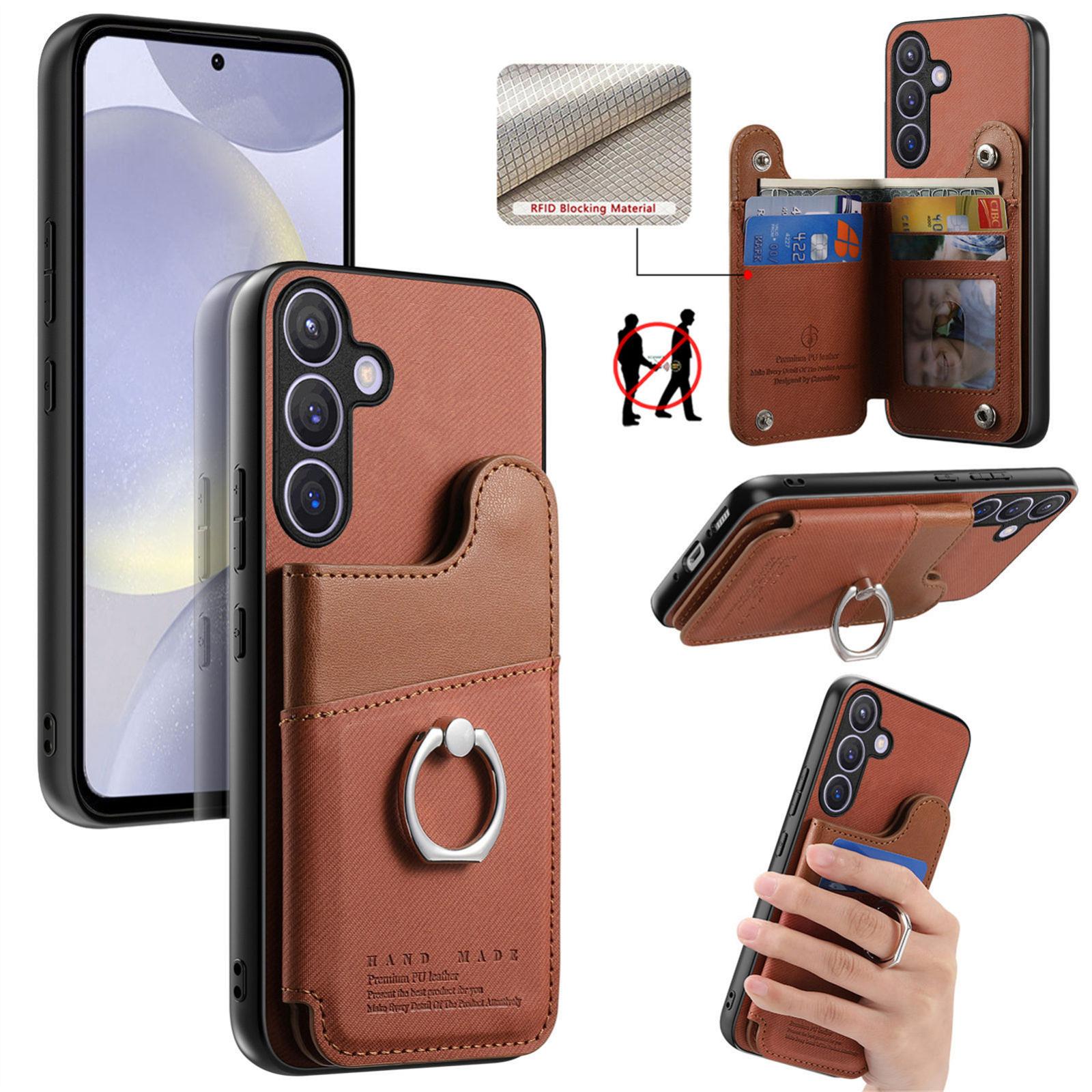 For Galaxy A57 5G Twill Fabric Ring Multi-card Wallet Vegan Leather Phone Case(Brown) - Shopkiz.com