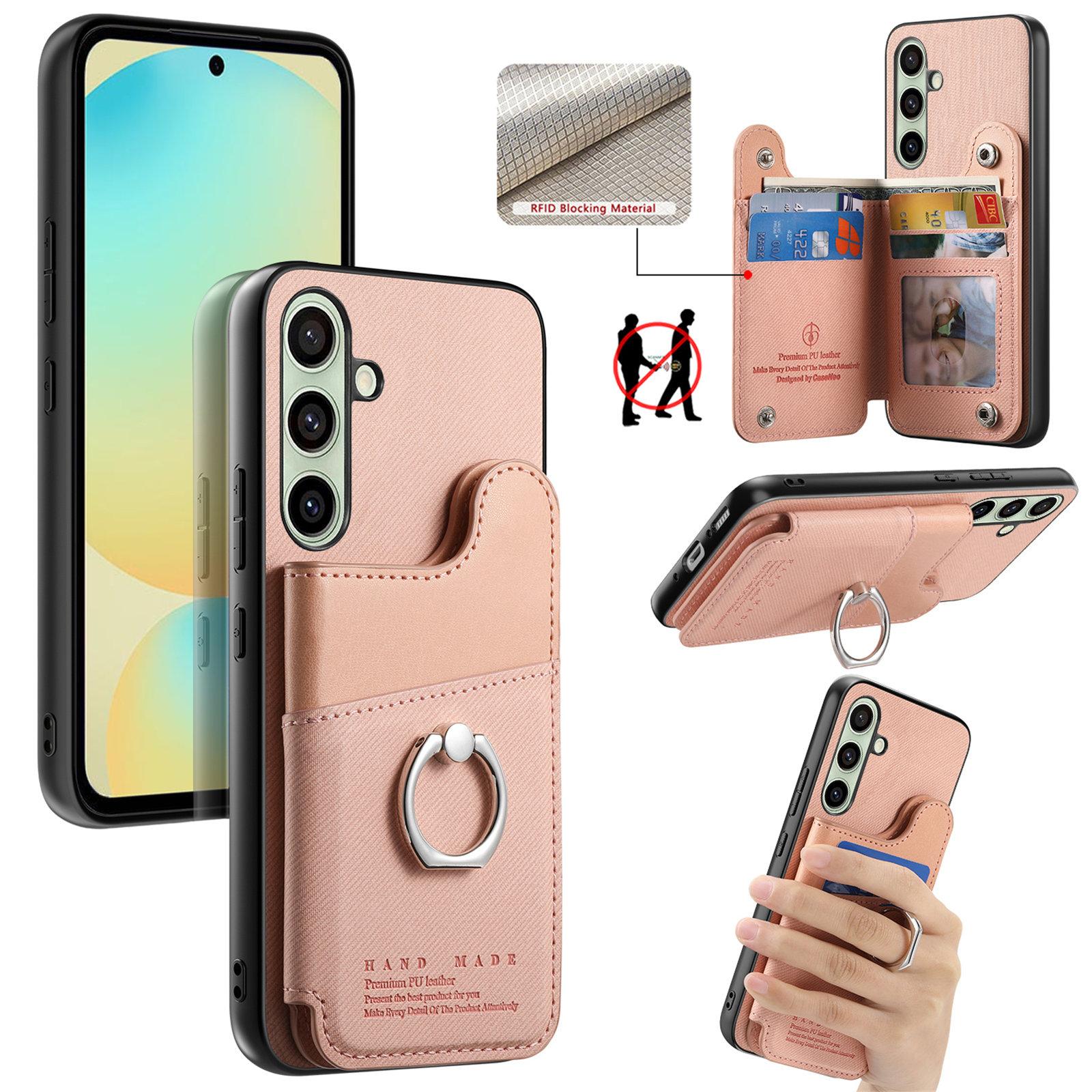 For Galaxy S25 FE 5G Twill Fabric Ring Multi-card Wallet Vegan Leather Phone Case(Pink) - Shopkiz.com