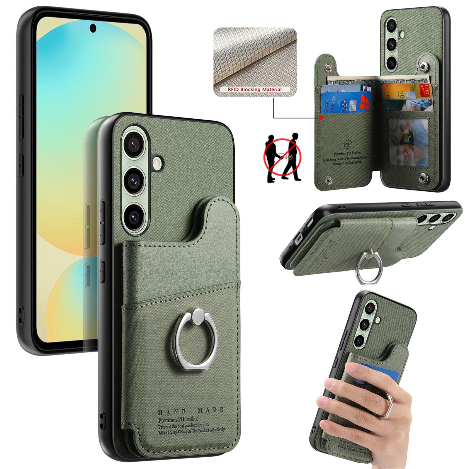 For Galaxy S25 FE 5G Twill Fabric Ring Multi-card Wallet Vegan Leather Phone Case(Green) - Shopkiz.com