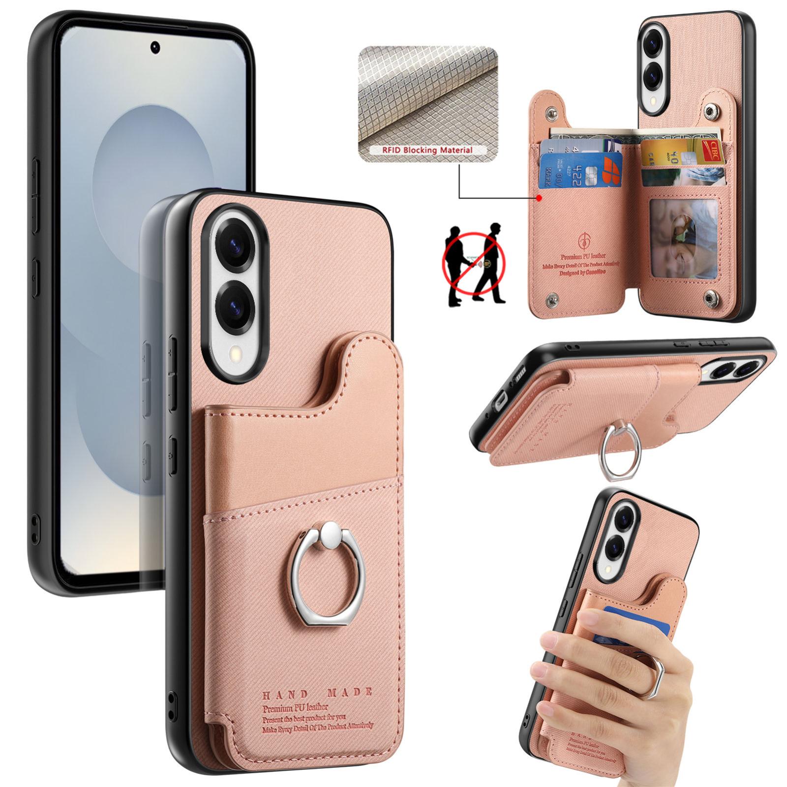 For Galaxy S25 Edge 5G Twill Fabric Ring Multi-card Wallet Vegan Leather Phone Case(Pink) - Shopkiz.com