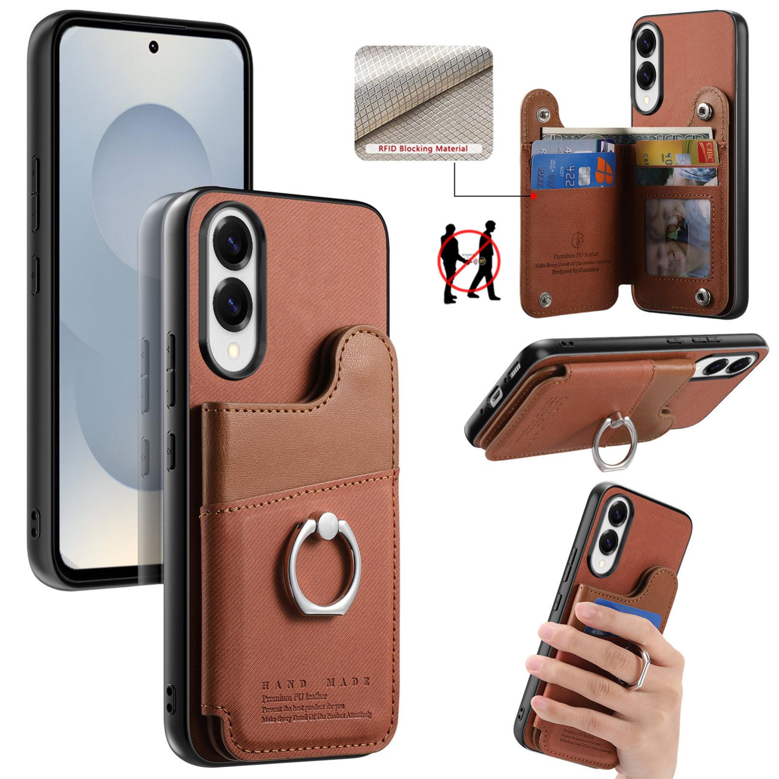 For Galaxy S25 Edge 5G Twill Fabric Ring Multi-card Wallet Vegan Leather Phone Case(Brown) - Shopkiz.com