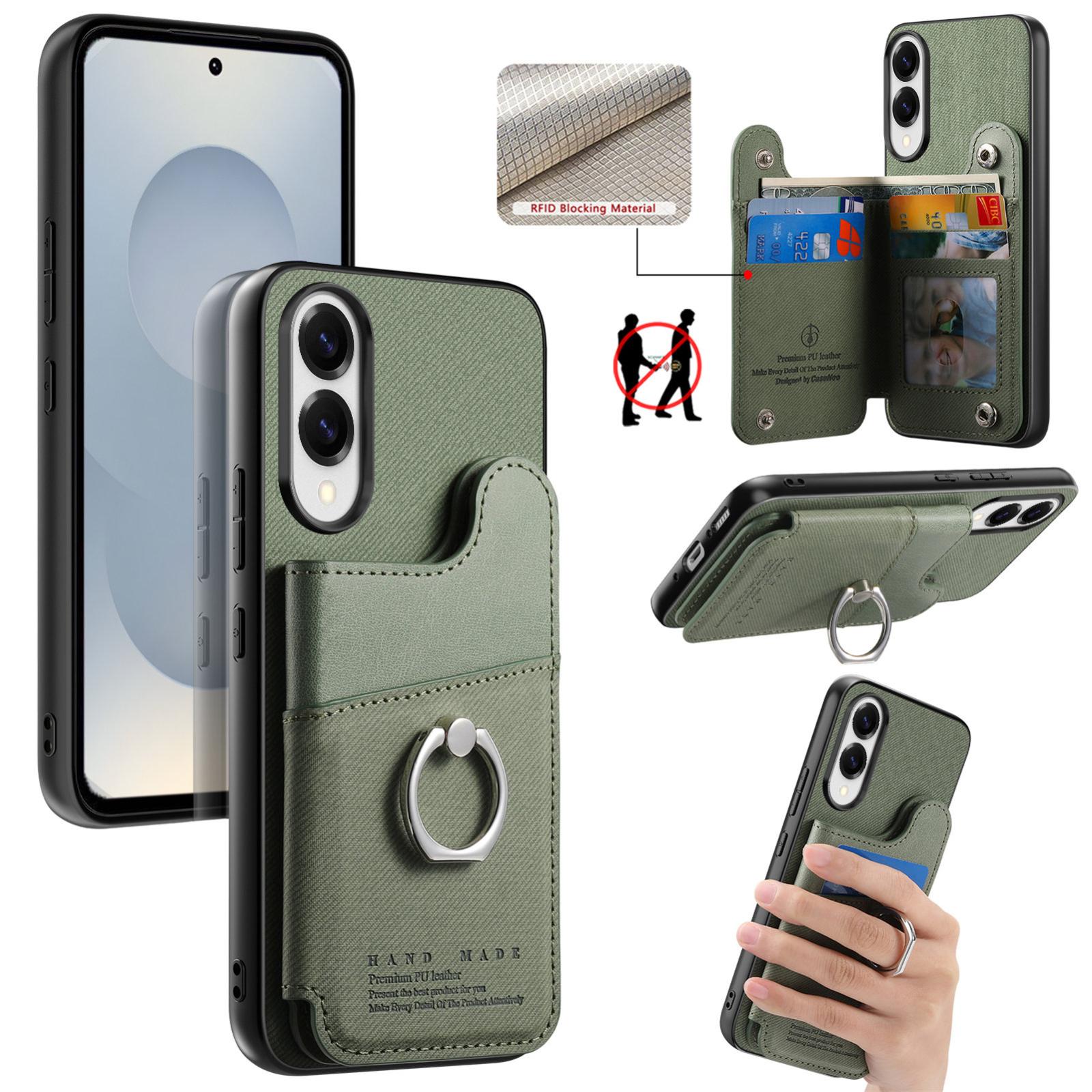 For Galaxy S25 Edge 5G Twill Fabric Ring Multi-card Wallet Vegan Leather Phone Case(Green) - Shopkiz.com