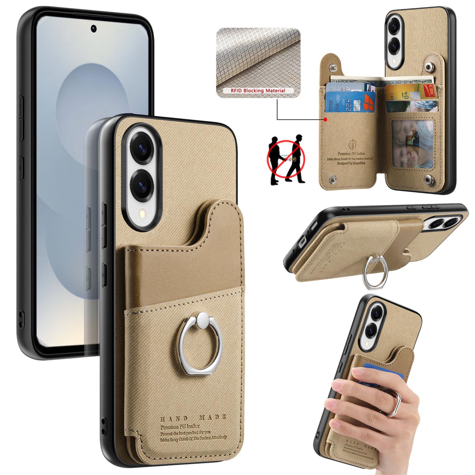 For Galaxy S25 Edge 5G Twill Fabric Ring Multi-card Wallet Vegan Leather Phone Case(Khaki) - Shopkiz.com
