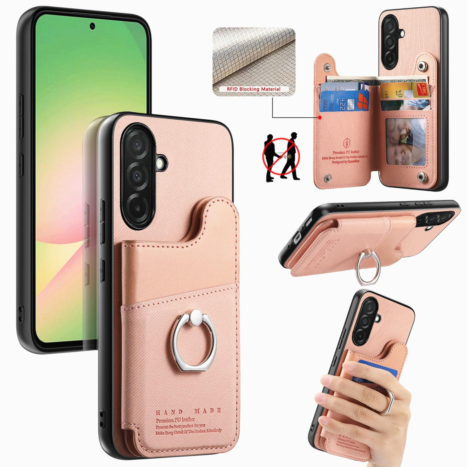 For Galaxy A56 5G Twill Fabric Ring Multi-card Wallet Vegan Leather Phone Case(Pink) - Shopkiz.com