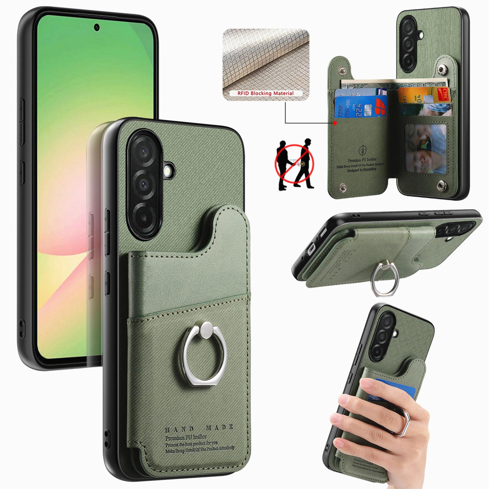 For Galaxy A56 5G Twill Fabric Ring Multi-card Wallet Vegan Leather Phone Case(Green) - Shopkiz.com