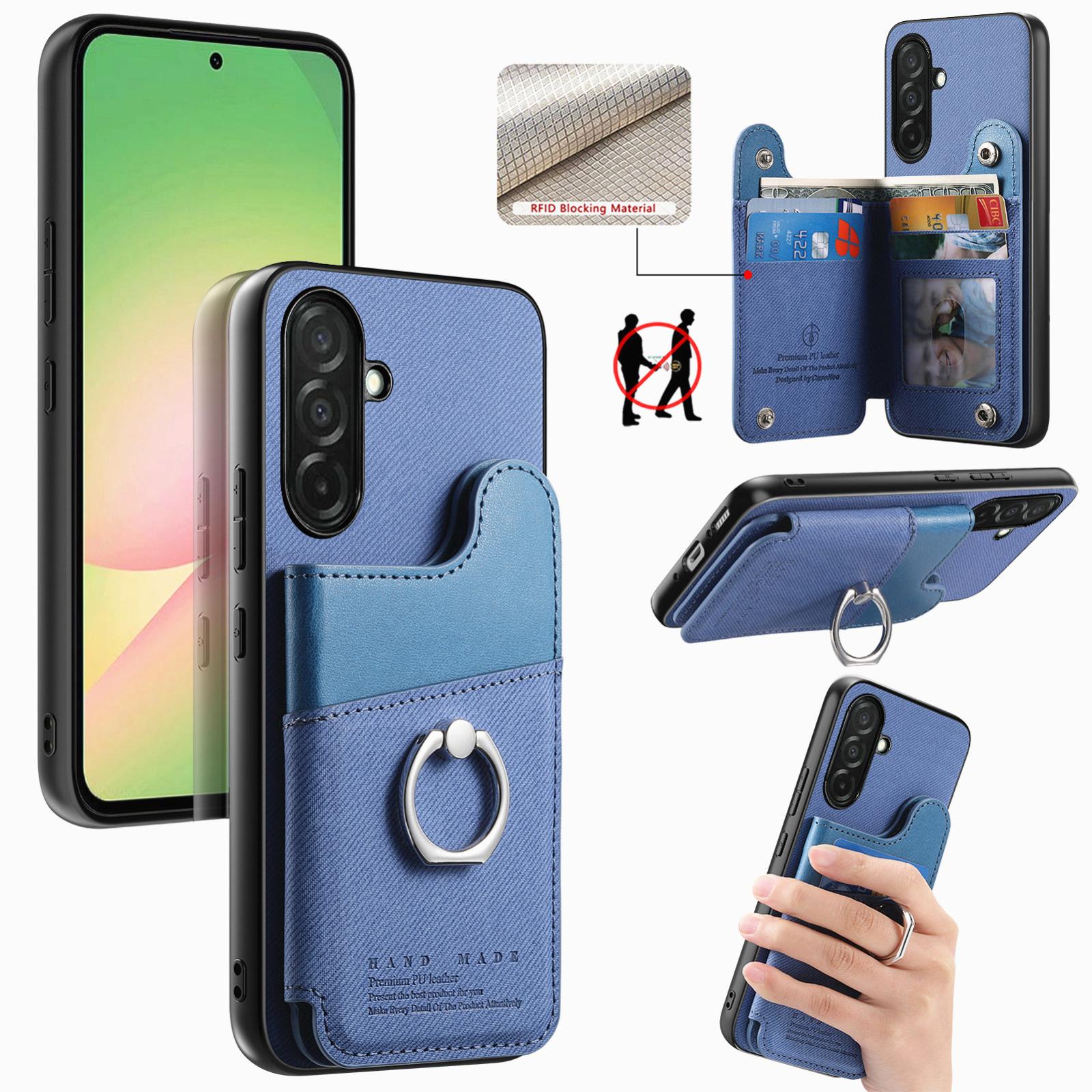 For Galaxy A56 5G Twill Fabric Ring Multi-card Wallet Vegan Leather Phone Case(Blue) - Shopkiz.com