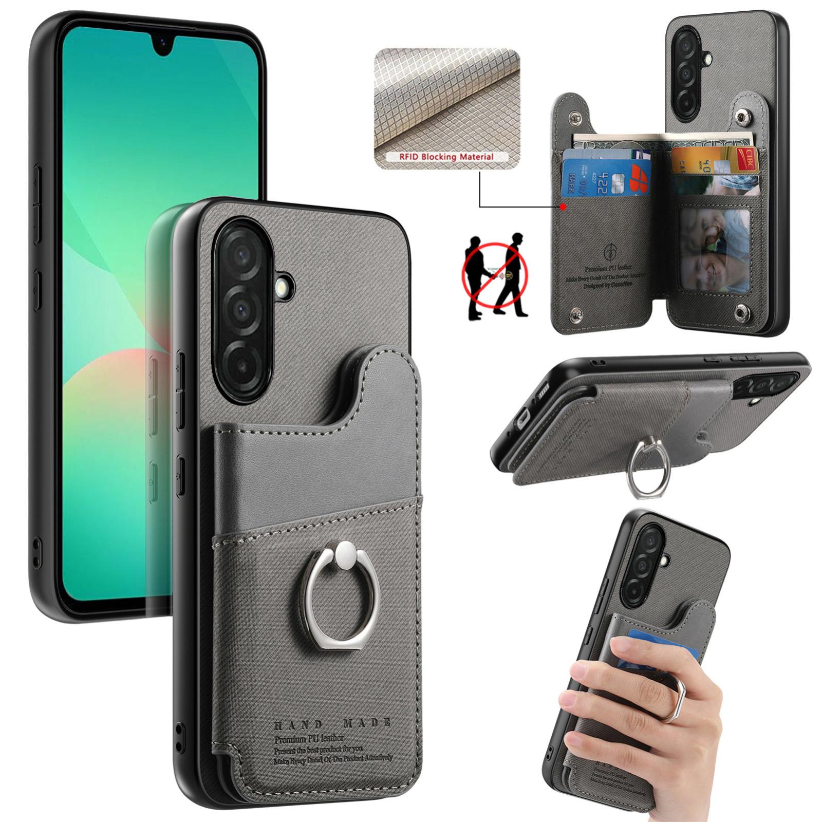 For Galaxy A26 5G Twill Fabric Ring Multi-card Wallet Vegan Leather Phone Case(Gray) - Shopkiz.com