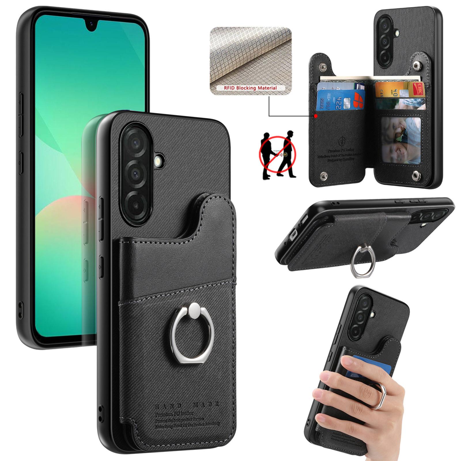 For Galaxy A26 5G Twill Fabric Ring Multi-card Wallet Vegan Leather Phone Case(Black) - Shopkiz.com