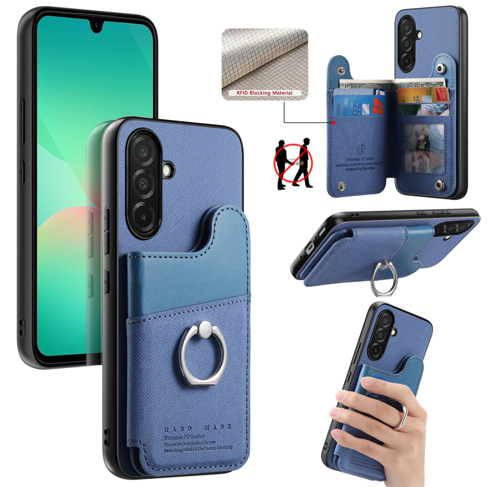 For Galaxy A26 5G Twill Fabric Ring Multi-card Wallet Vegan Leather Phone Case(Blue) - Shopkiz.com