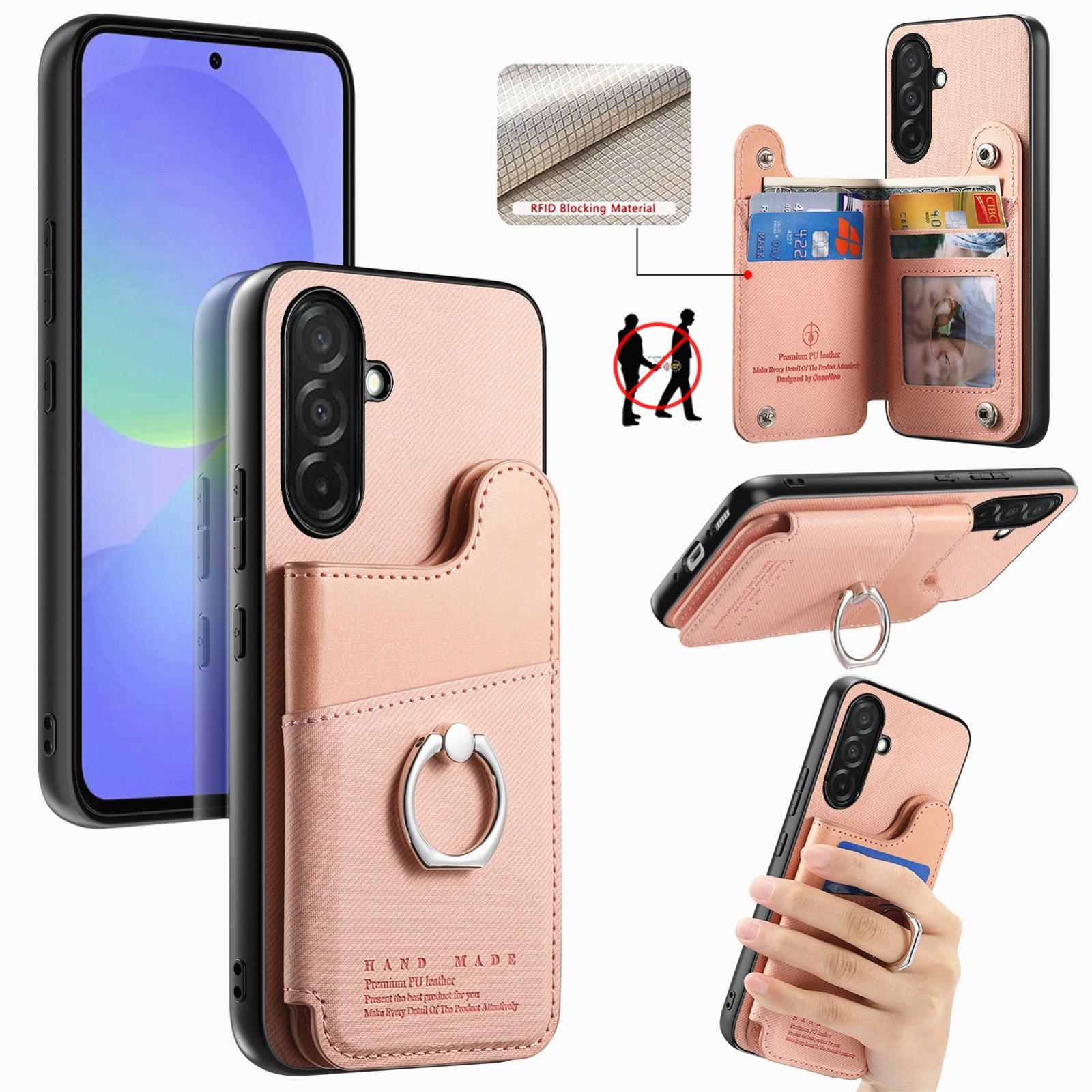 For Galaxy A36 5G Twill Fabric Ring Multi-card Wallet Vegan Leather Phone Case(Pink) - Shopkiz.com