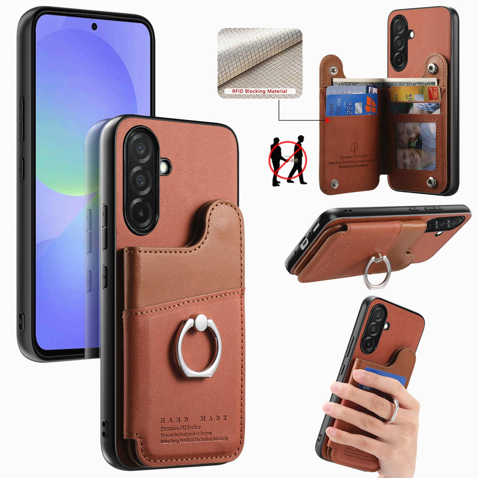 For Galaxy A36 5G Twill Fabric Ring Multi-card Wallet Vegan Leather Phone Case(Brown) - Shopkiz.com