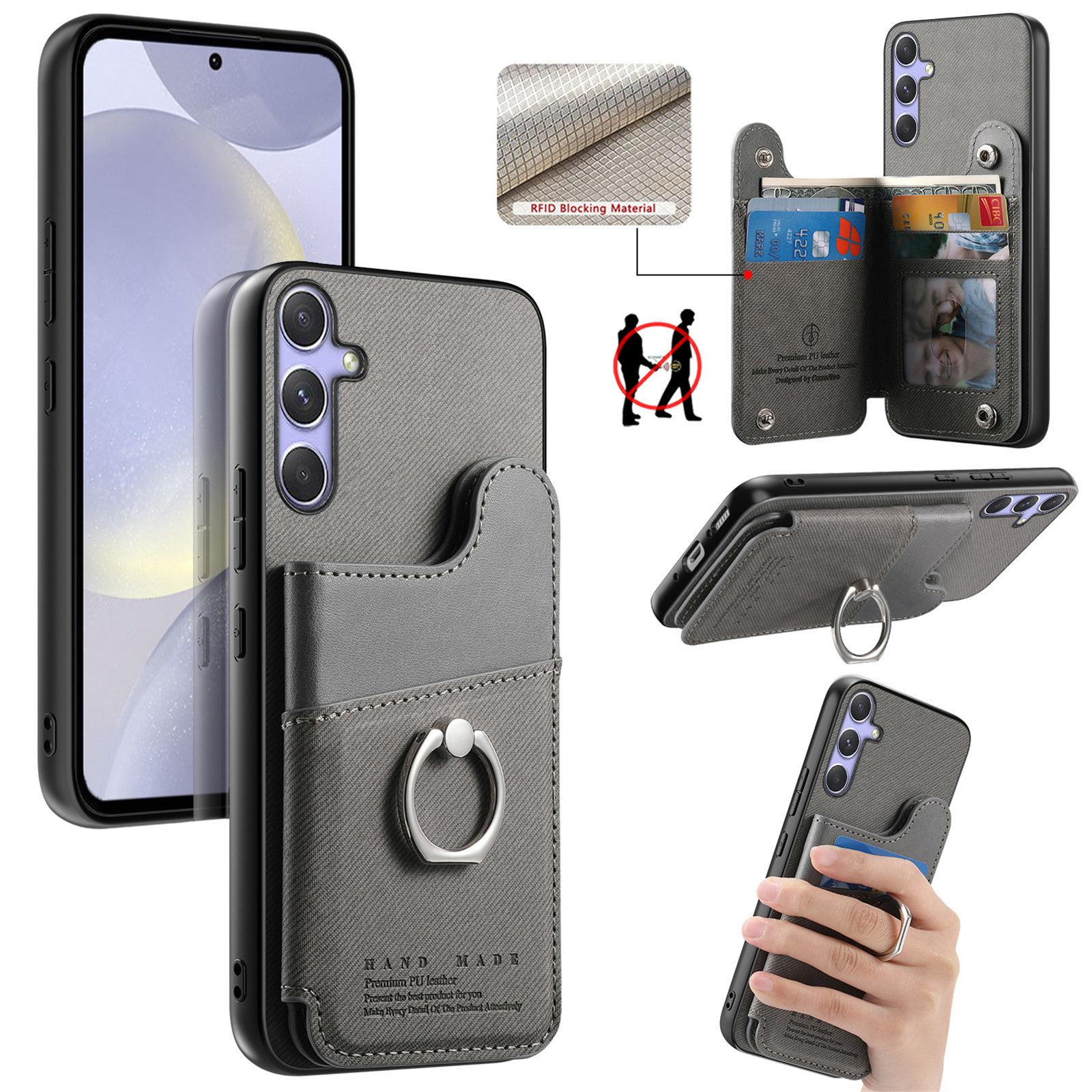 For Galaxy S25 5G Twill Fabric Ring Multi-card Wallet Vegan Leather Phone Case(Gray) - Shopkiz.com