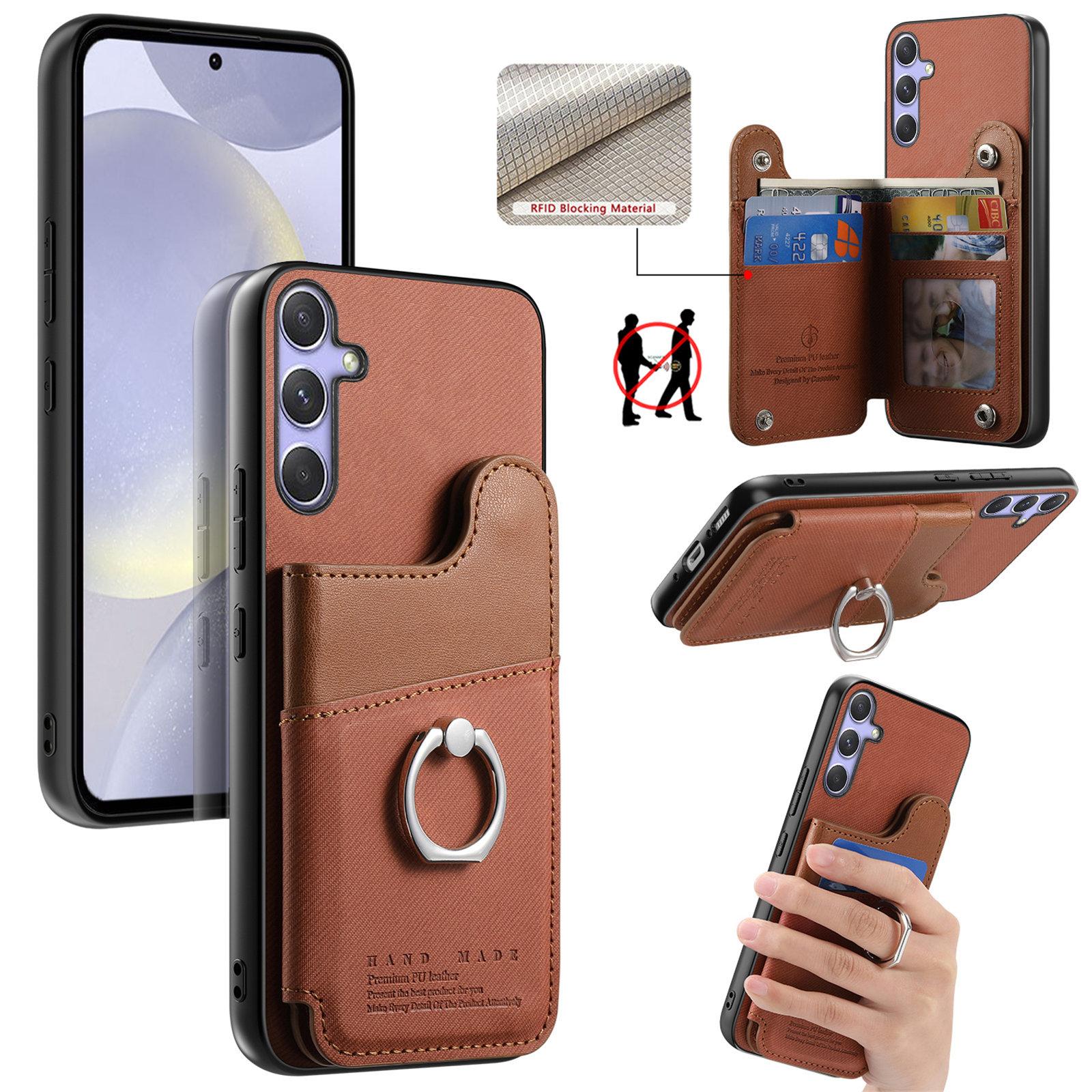 For Galaxy S25 5G Twill Fabric Ring Multi-card Wallet Vegan Leather Phone Case(Brown) - Shopkiz.com