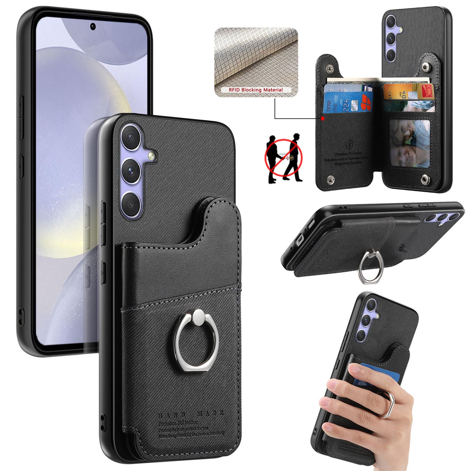 For Galaxy S25 5G Twill Fabric Ring Multi-card Wallet Vegan Leather Phone Case(Black) - Shopkiz.com