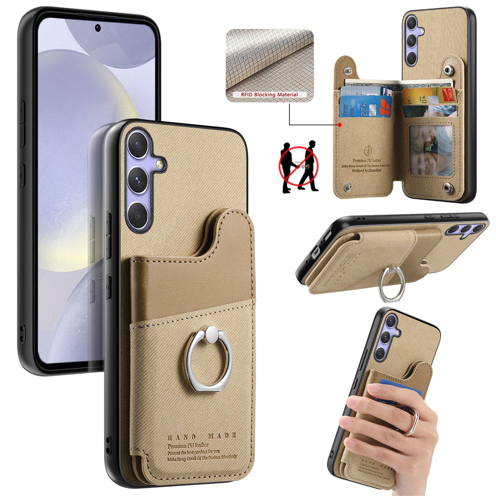 For Galaxy S25 5G Twill Fabric Ring Multi-card Wallet Vegan Leather Phone Case(Khaki) - Shopkiz.com