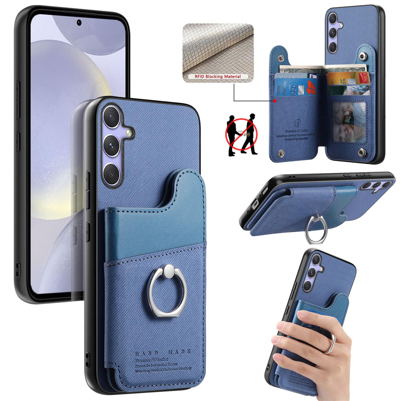 For Galaxy S25+ 5G Twill Fabric Ring Multi-card Wallet Vegan Leather Phone Case(Blue) - Shopkiz.com