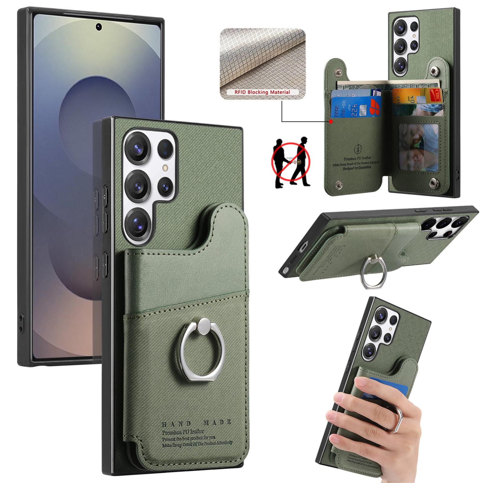 For Galaxy S25 Ultra 5G Twill Fabric Ring Multi-card Wallet Vegan Leather Phone Case(Green) - Shopkiz.com