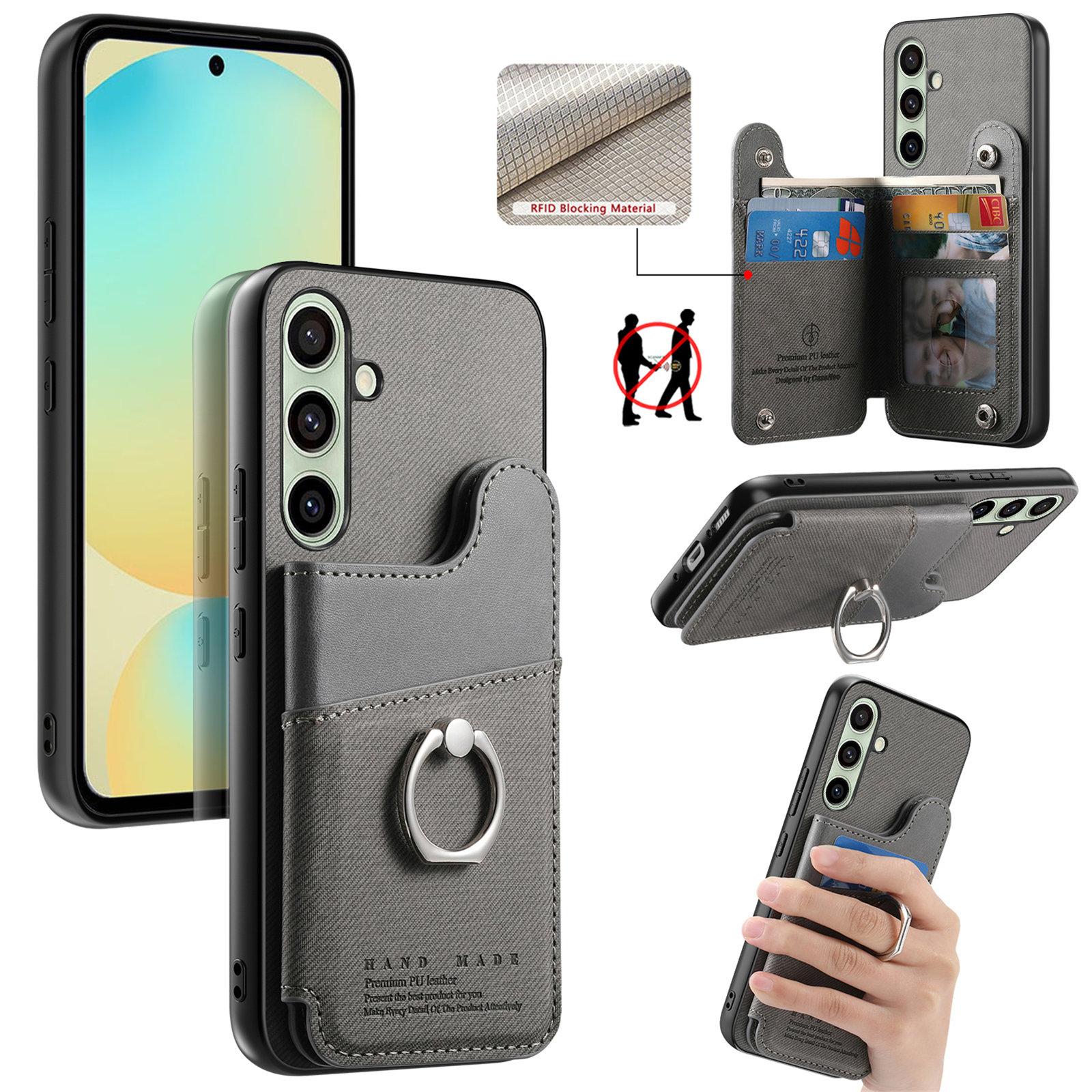 For Galaxy S24 FE 5G Twill Fabric Ring Multi-card Wallet Vegan Leather Phone Case(Gray) - Shopkiz.com