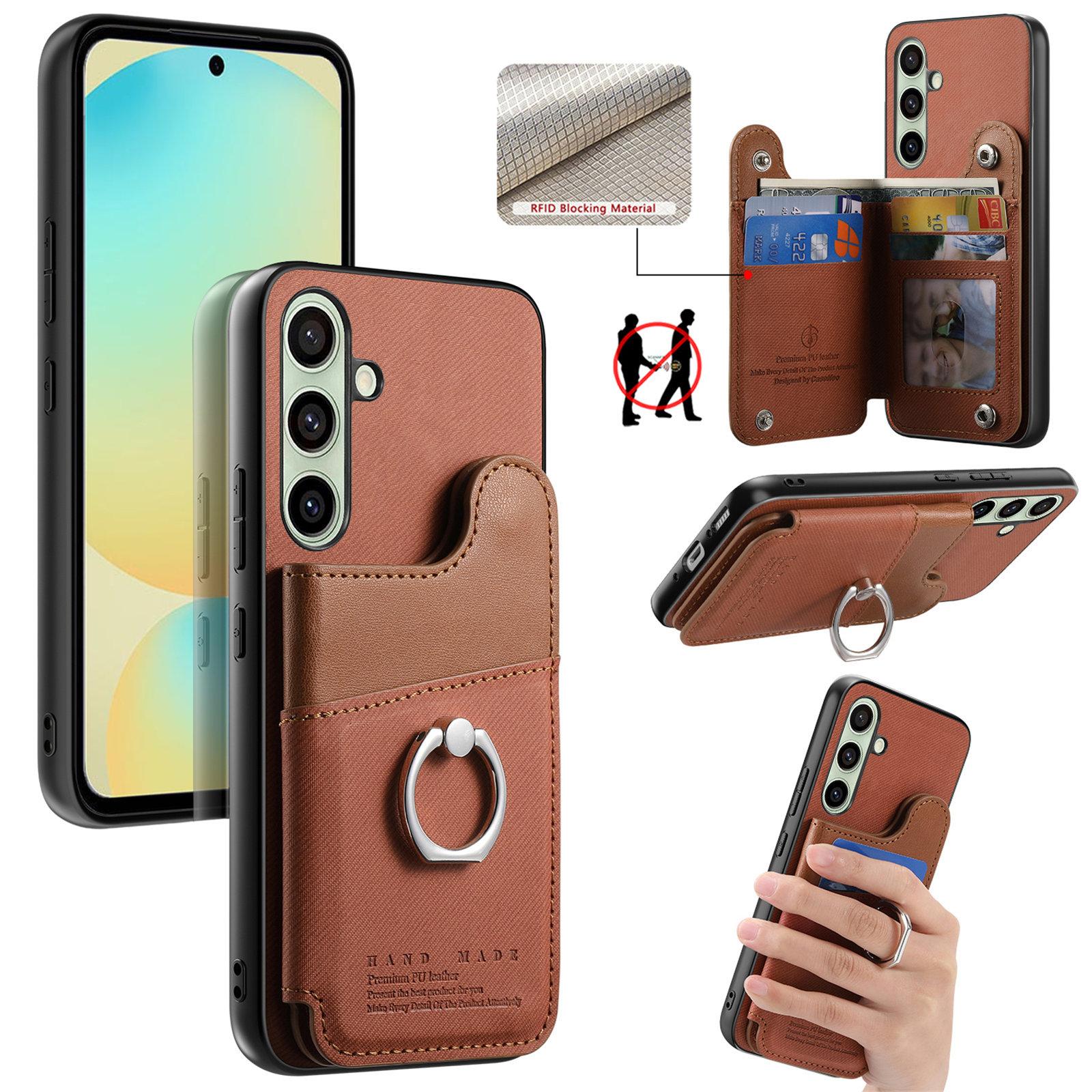 For Galaxy S24 FE 5G Twill Fabric Ring Multi-card Wallet Vegan Leather Phone Case(Brown) - Shopkiz.com