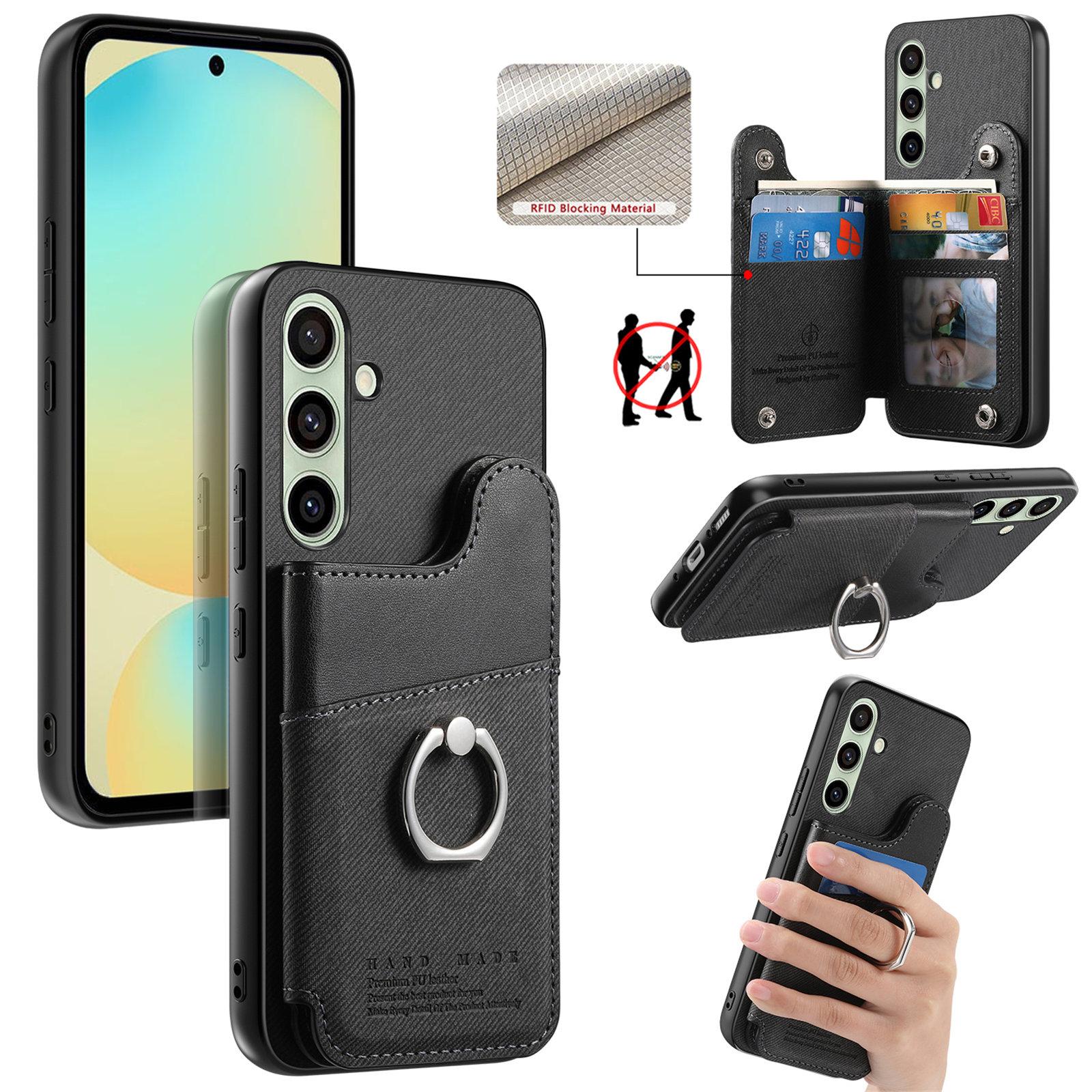 For Galaxy S24 FE 5G Twill Fabric Ring Multi-card Wallet Vegan Leather Phone Case(Black) - Shopkiz.com